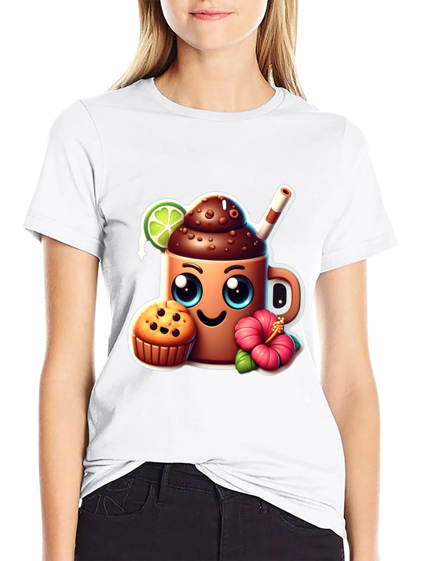 Black Fun Graphic Tee: Kawaii Coffee & Muffin view 9