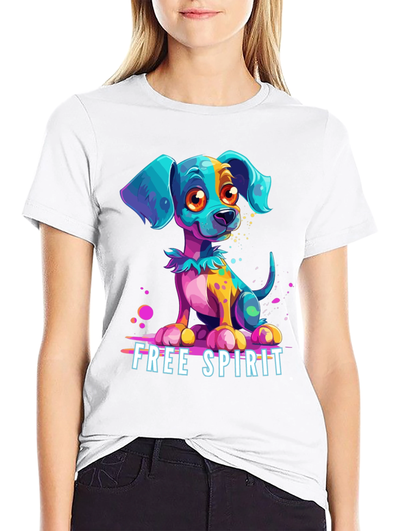 Black Free Spirit Dog Graphic Tee - Unique Colorful Puppy Design view 9