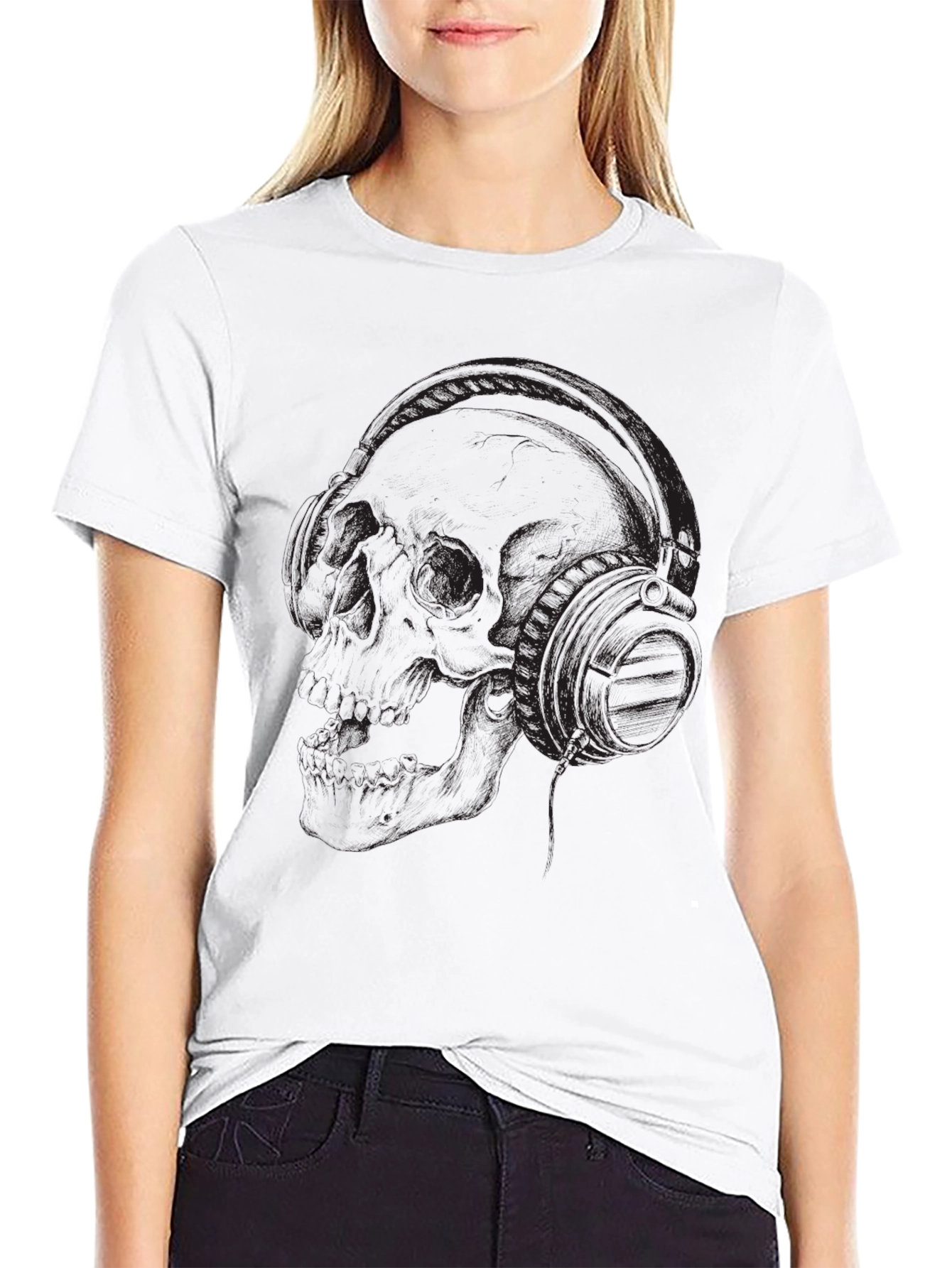 Black Skull and Headphones Graphic T-Shirt - Dark Style view 9