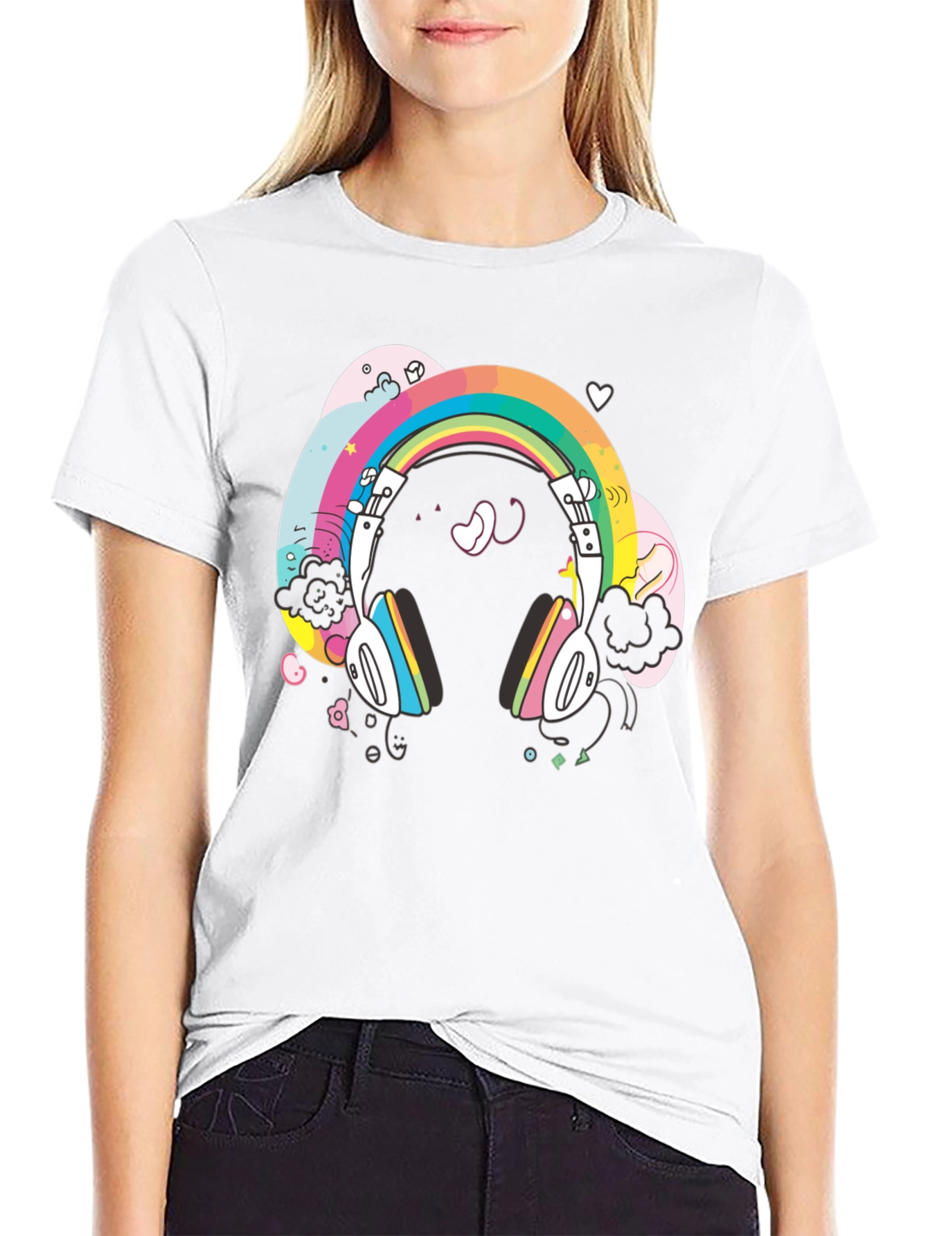 Black Rainbow Headphones Graphic Tee - Black Cotton T-Shirt view 9