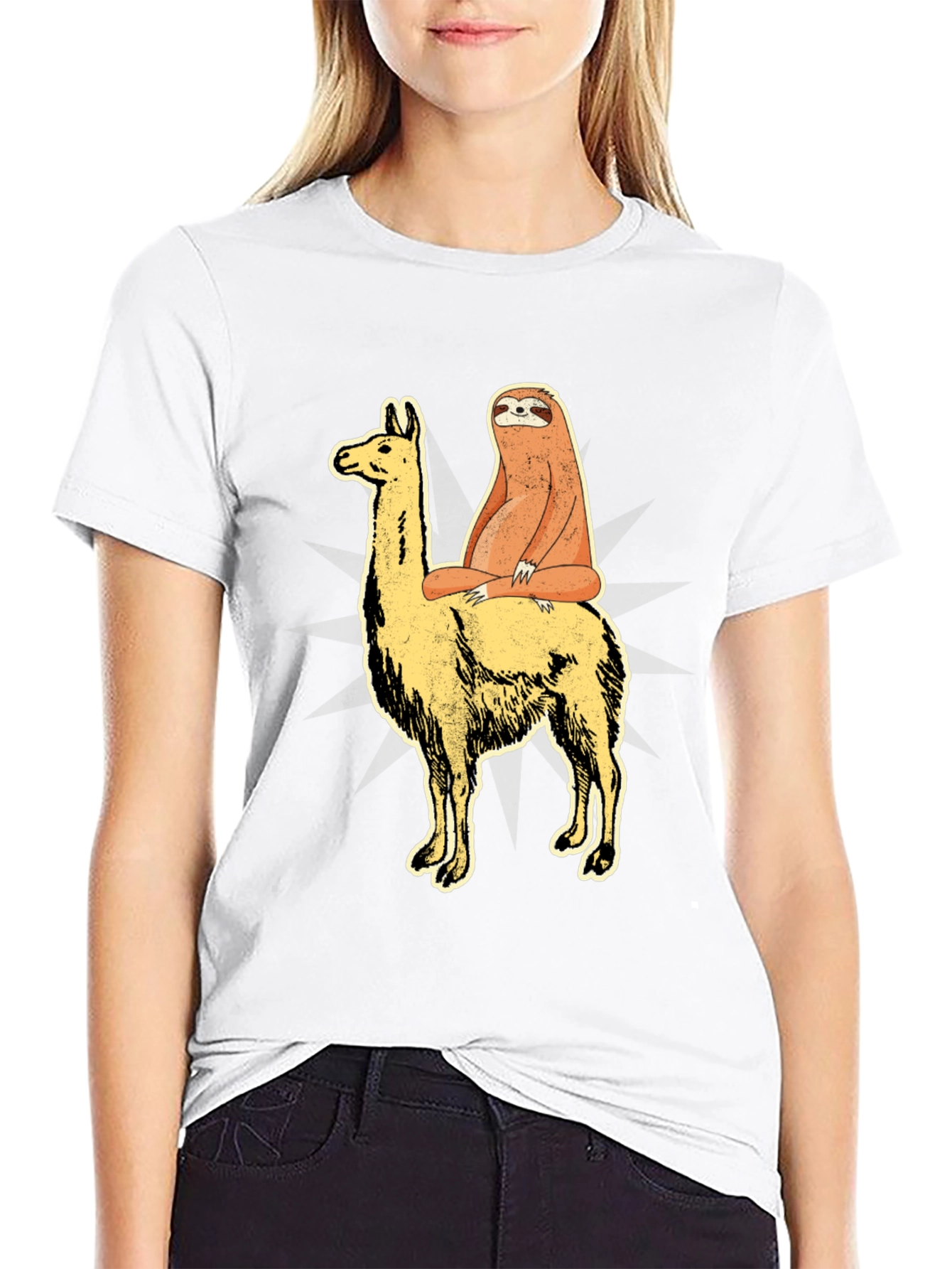 Black Sloth Riding Llama Graphic Tee - Unisex T-Shirt view 9