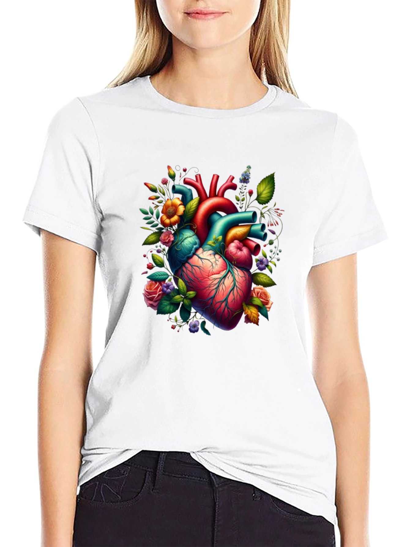 Black Anatomical Heart Floral Graphic T-Shirt view 9