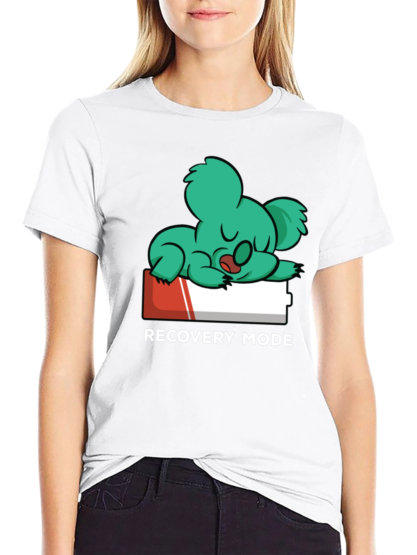 Black Recovery Mode T-Shirt: Sleepy Koala on Low Battery view 9