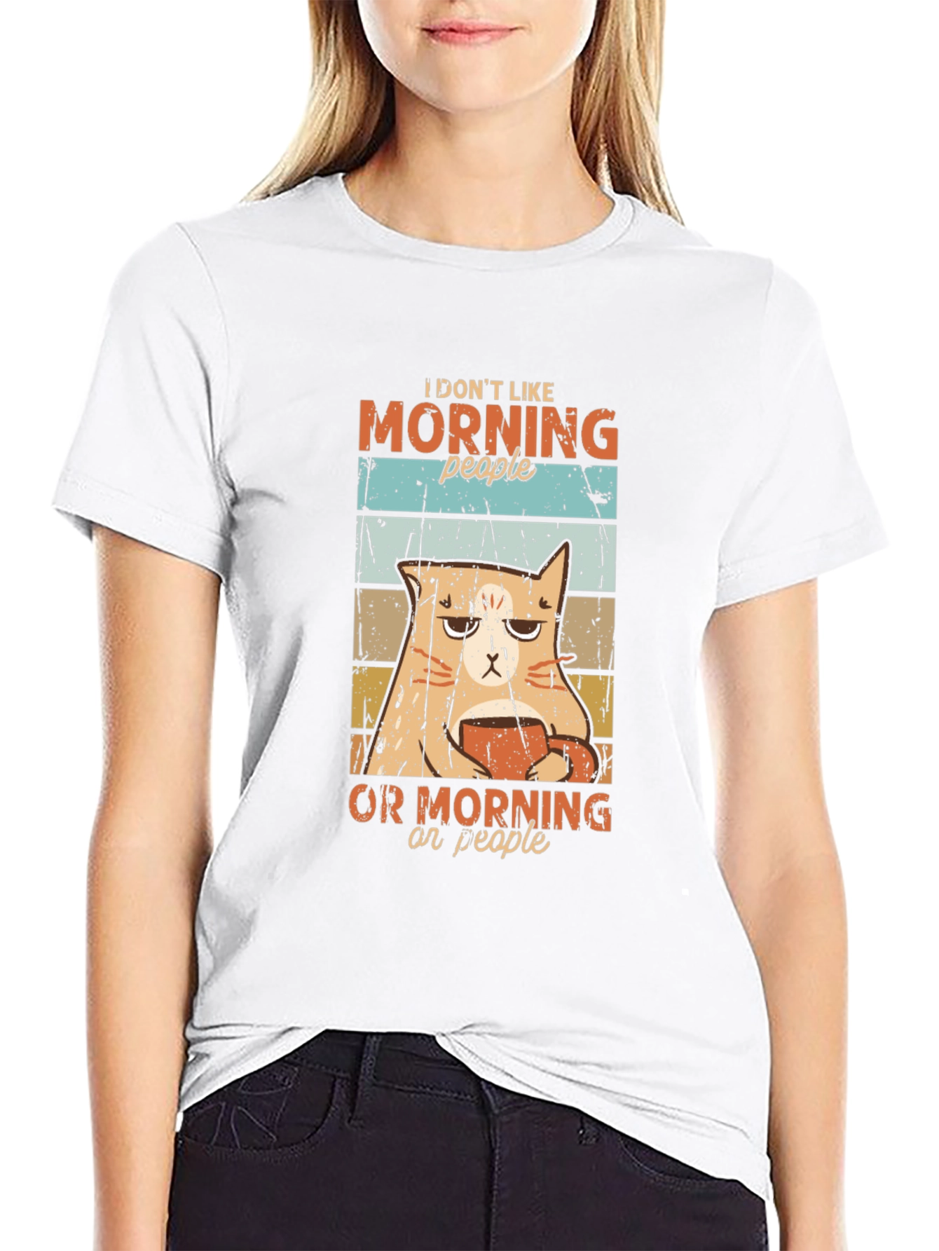 Black Funny Cat Morning People Graphic T-Shirt view 9