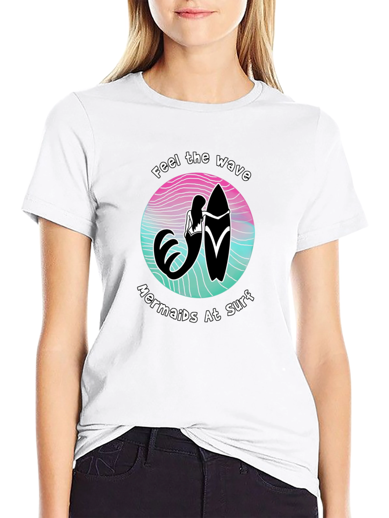 Black Mermaids at Surf T-Shirt - Feel the Wave Graphic Tee view 9