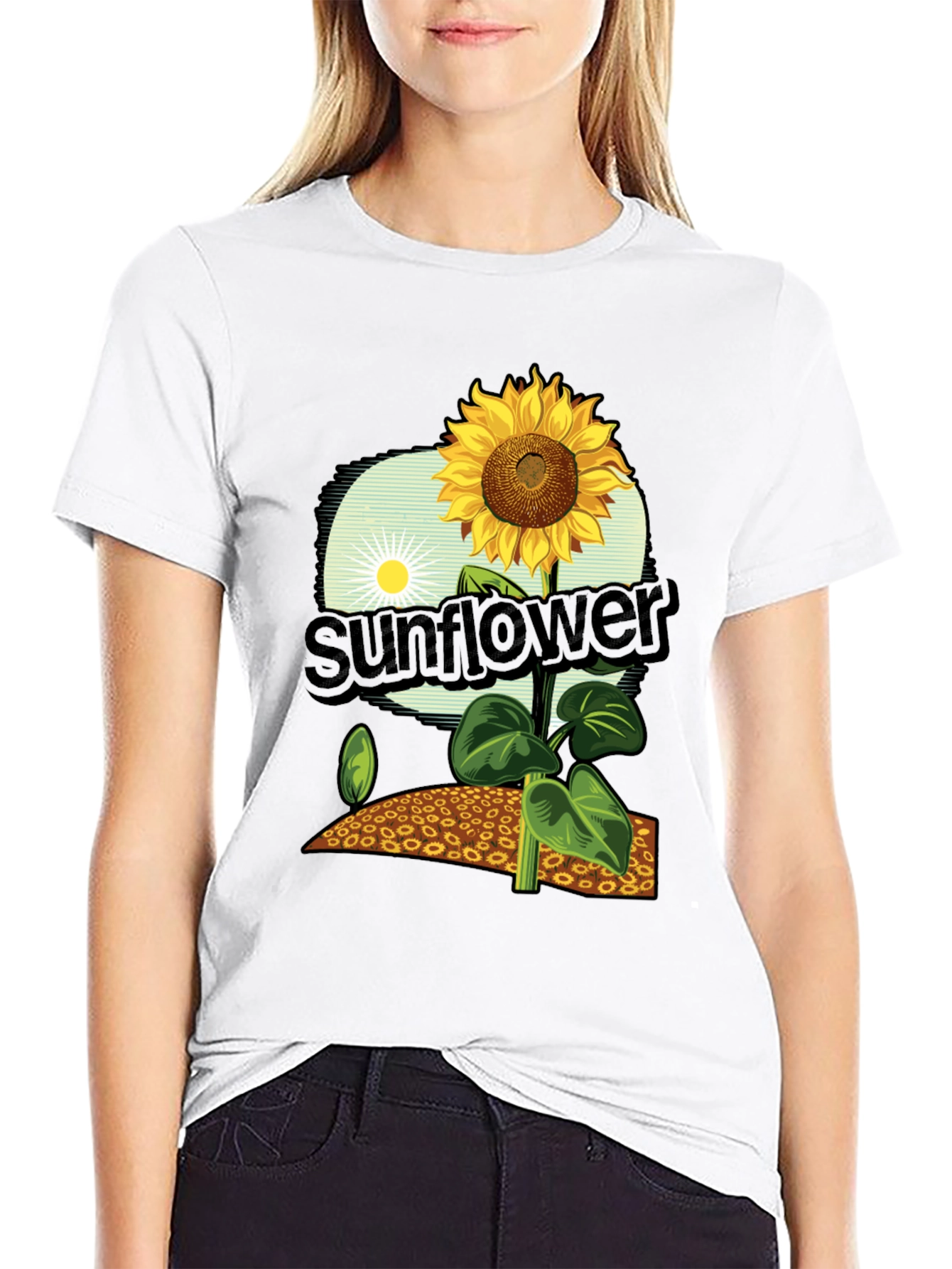 Black Sunflower Graphic Print T-Shirt - Black Cotton Tee view 9