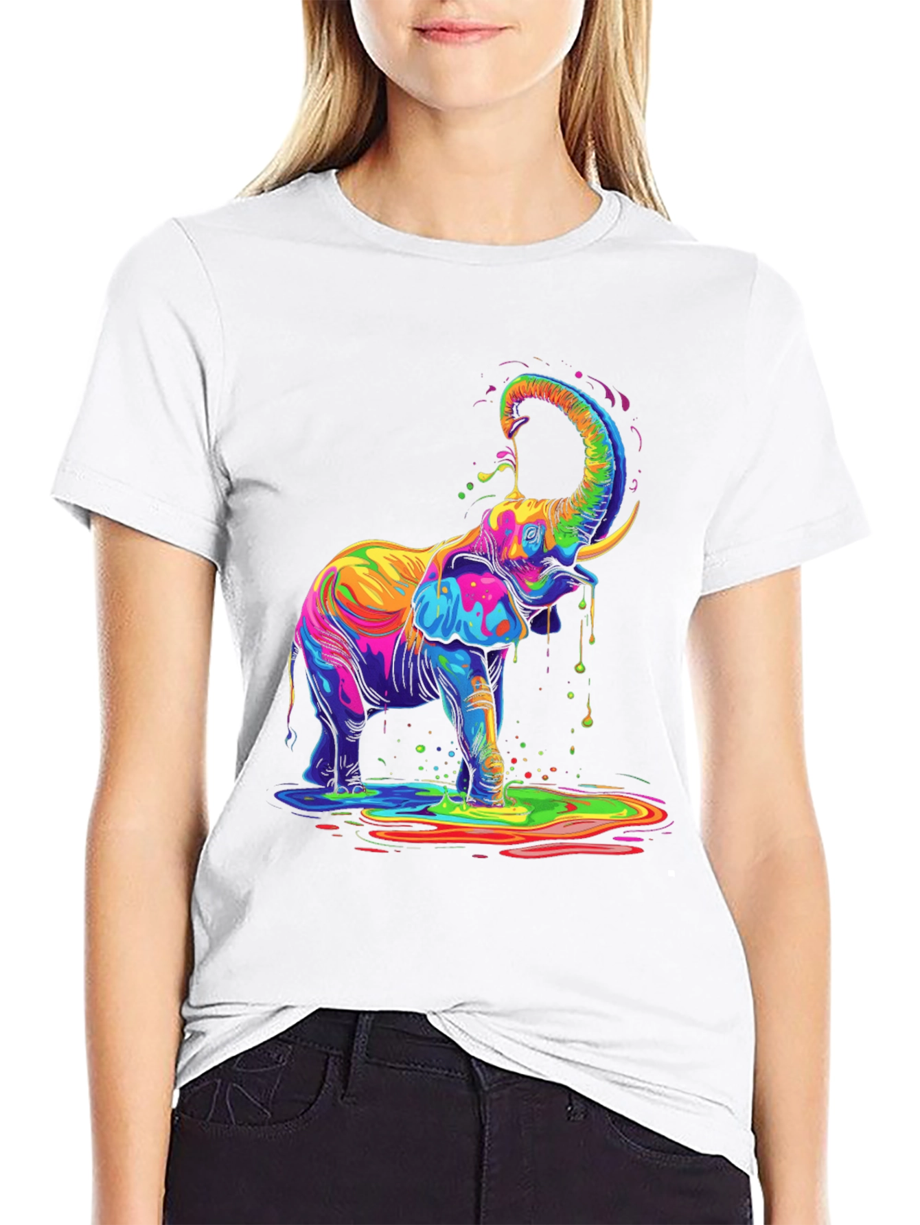 Black Colorful Elephant Graphic Tee - Black Cotton T-Shirt view 9