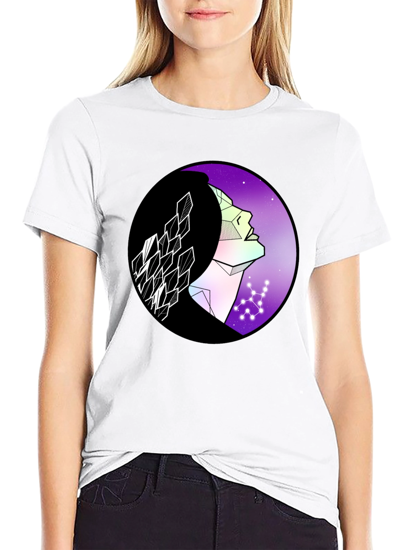 Black Geometric Woman Graphic Tee - Cosmic Vibes view 9