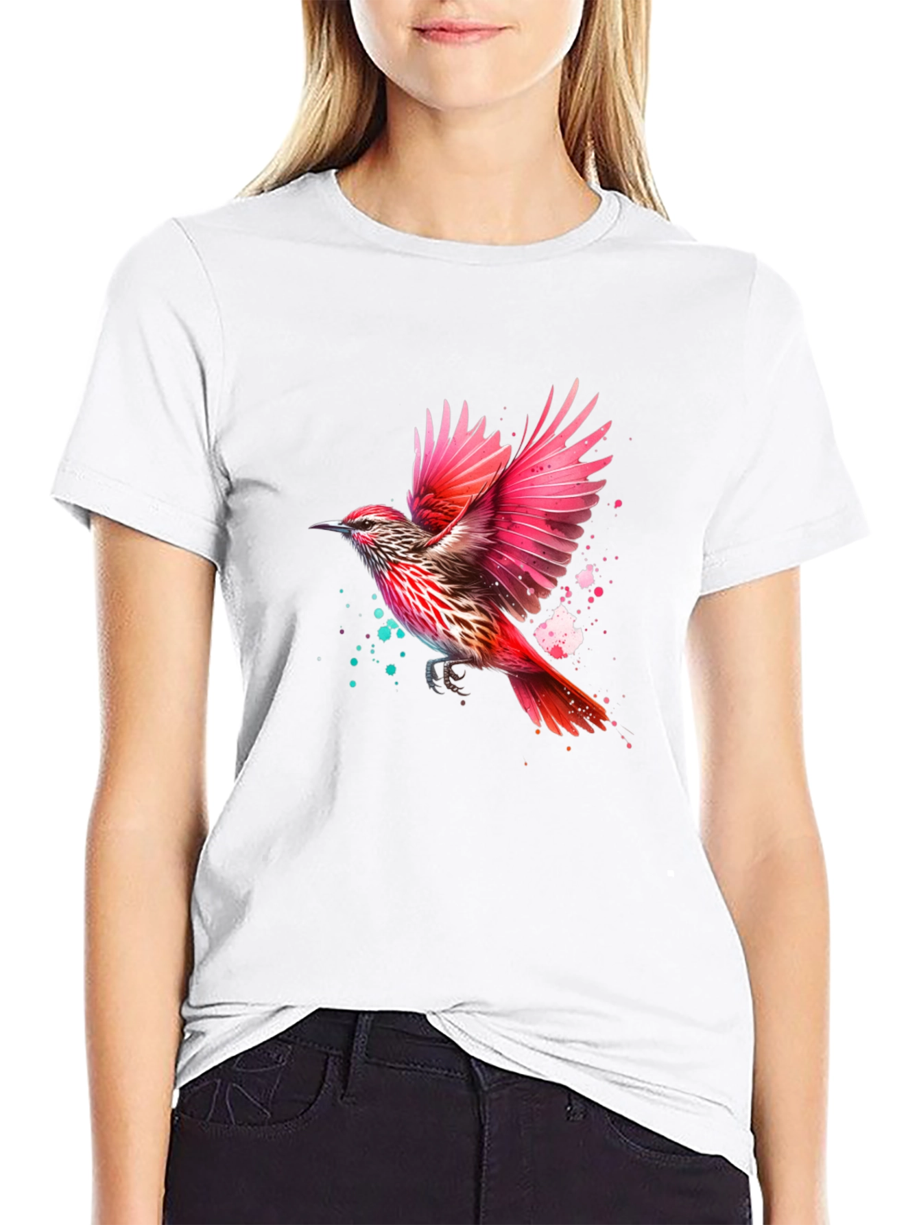 Black Vibrant Bird Print Black T-Shirt view 9