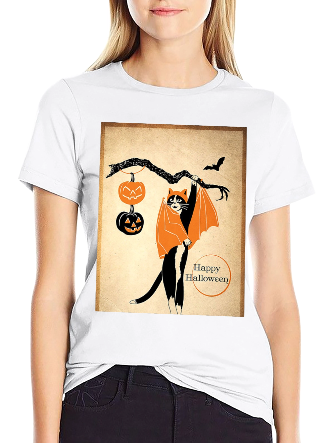 Black Halloween Cat T-Shirt Bat Costume Pumpkins view 9