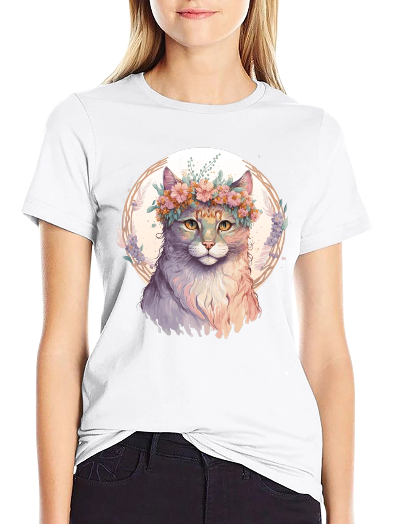 Black Cat Flower Crown Graphic Black T-Shirt view 9