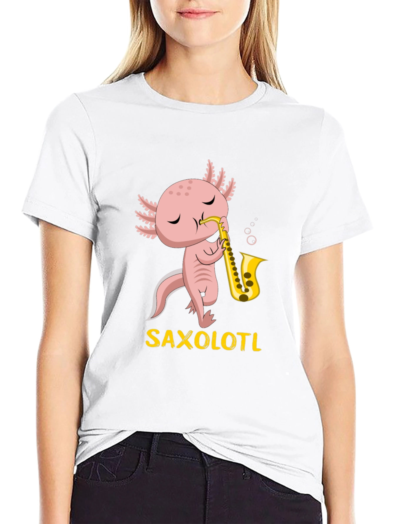 Black Saxolotl T-Shirt: Funny Axolotl Saxophone Player Tee view 9