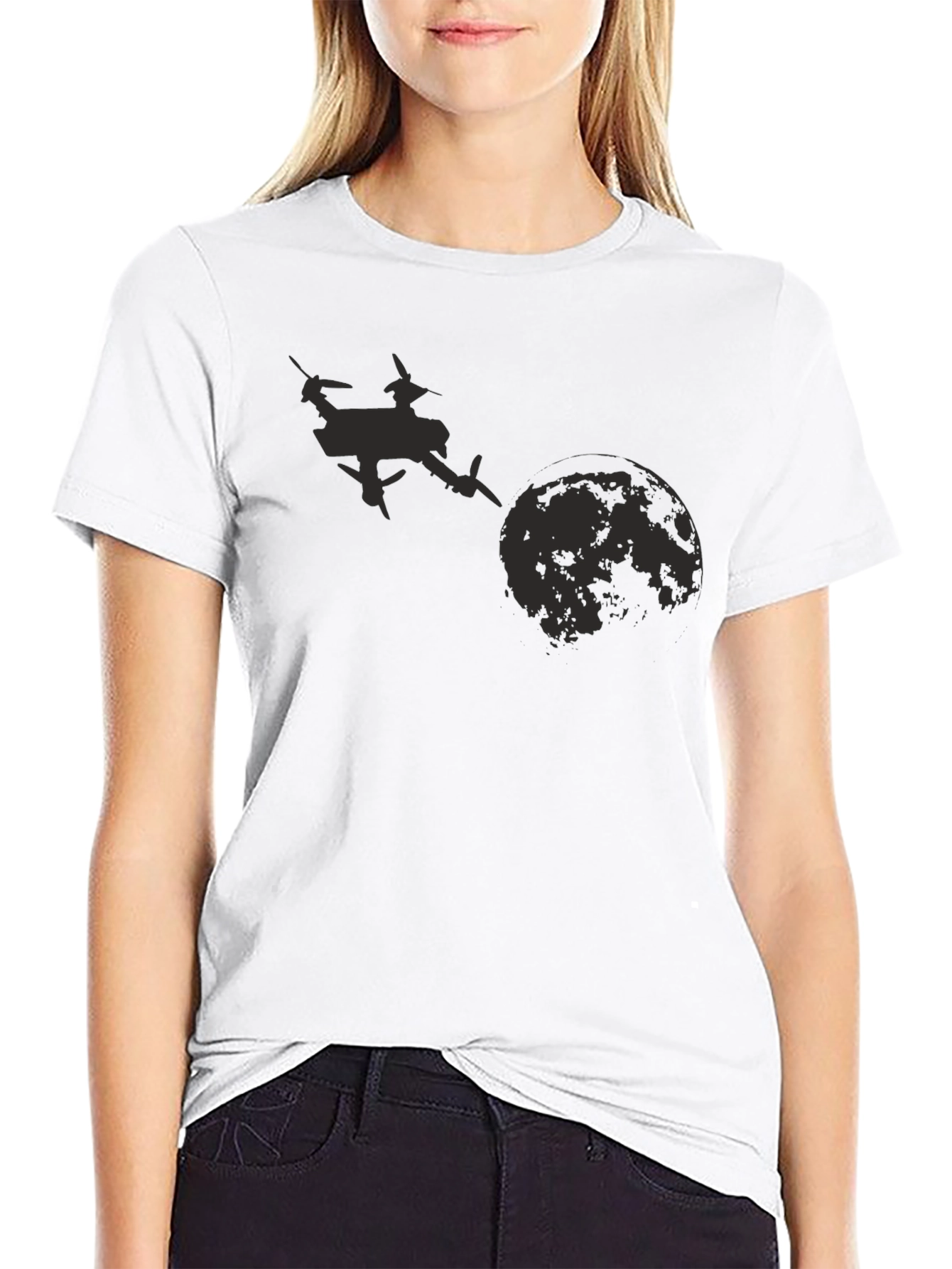 Black Drone Moon Graphic Tee - Black Cotton T-Shirt view 9