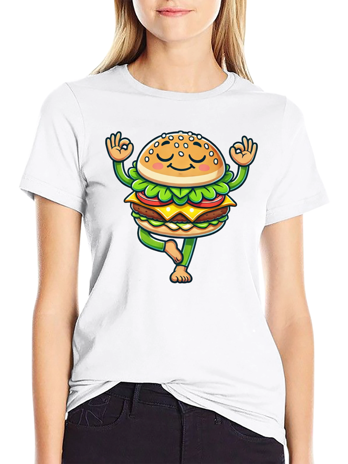 Black Yoga Burger T-Shirt - Meditating Fast Food Tee view 9