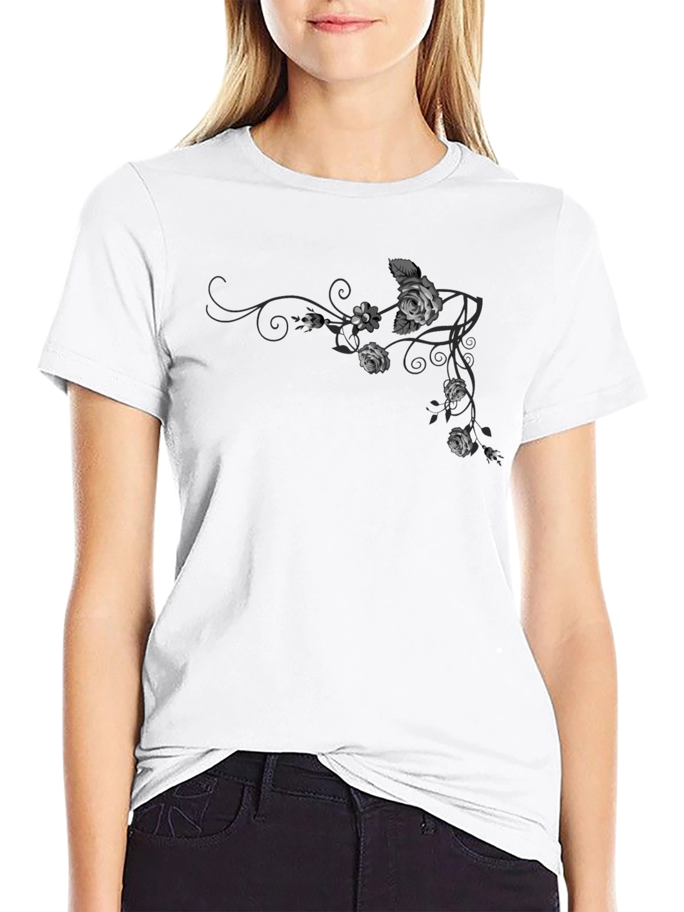 Black Floral Rose Vine Graphic T-Shirt view 9