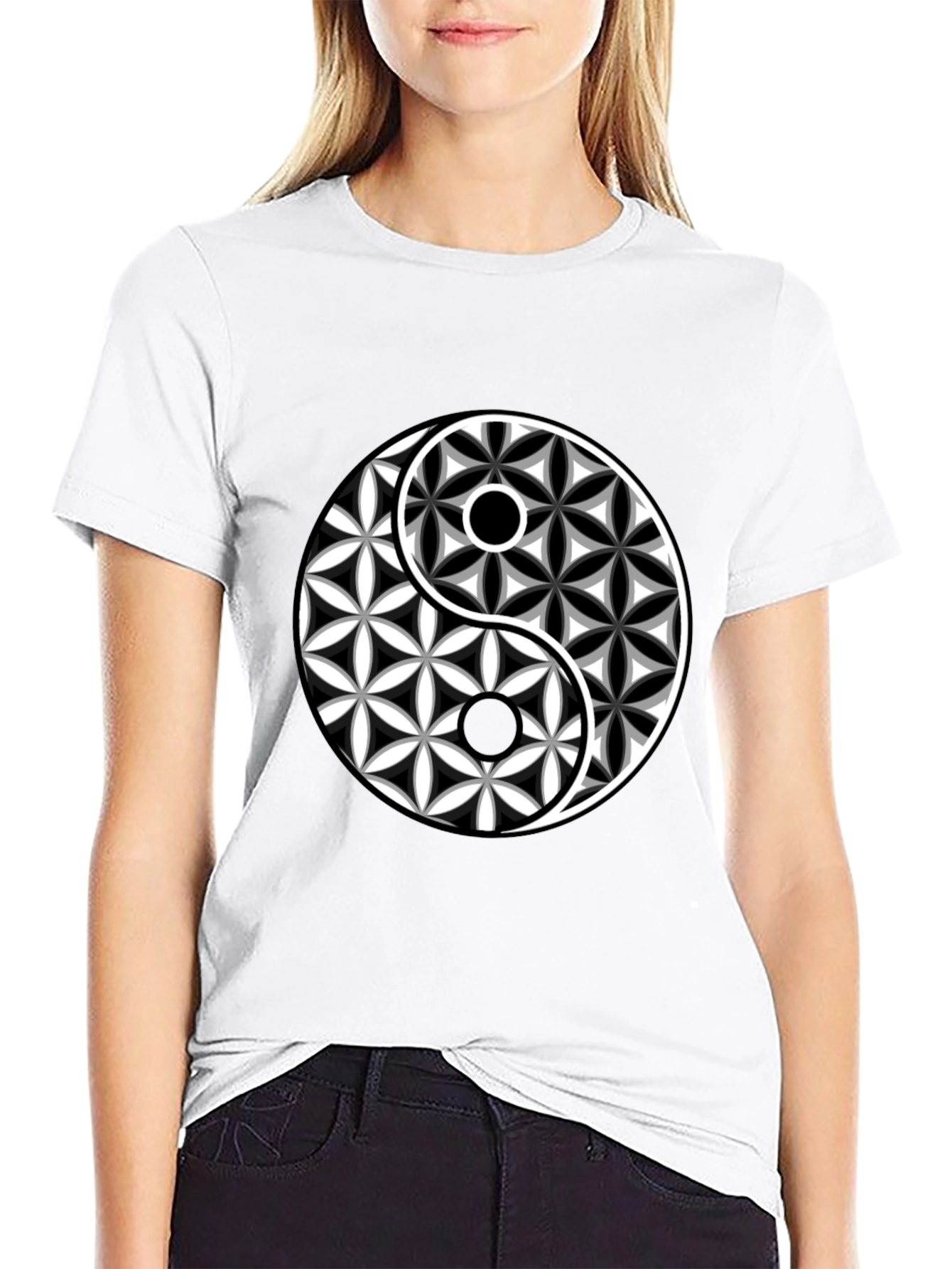 Black Yin Yang Flower of Life Graphic Tee - Black Cotton Blend view 9