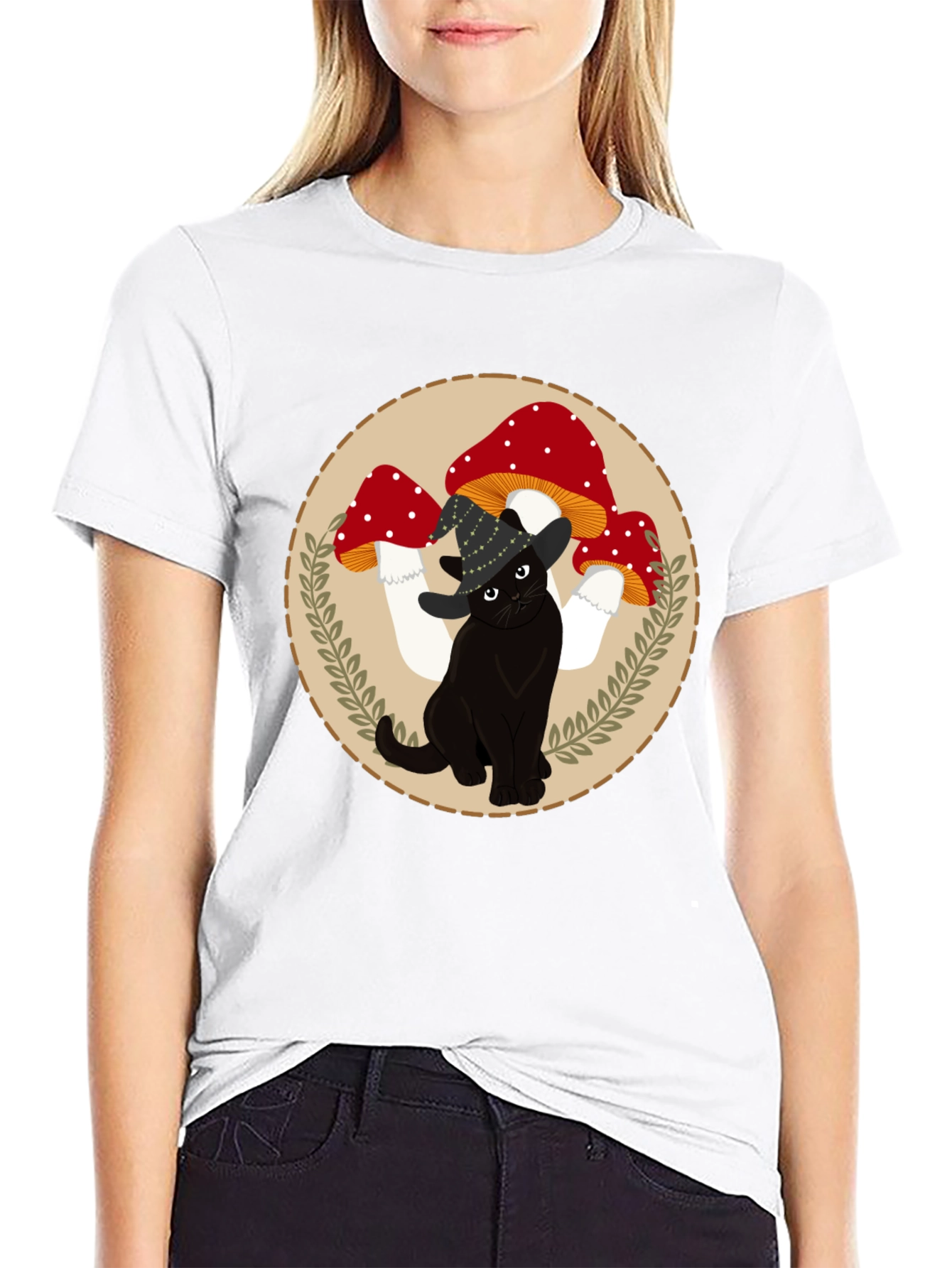 Black Black Cat & Mushroom T-Shirt - Whimsical Graphic Tee view 9