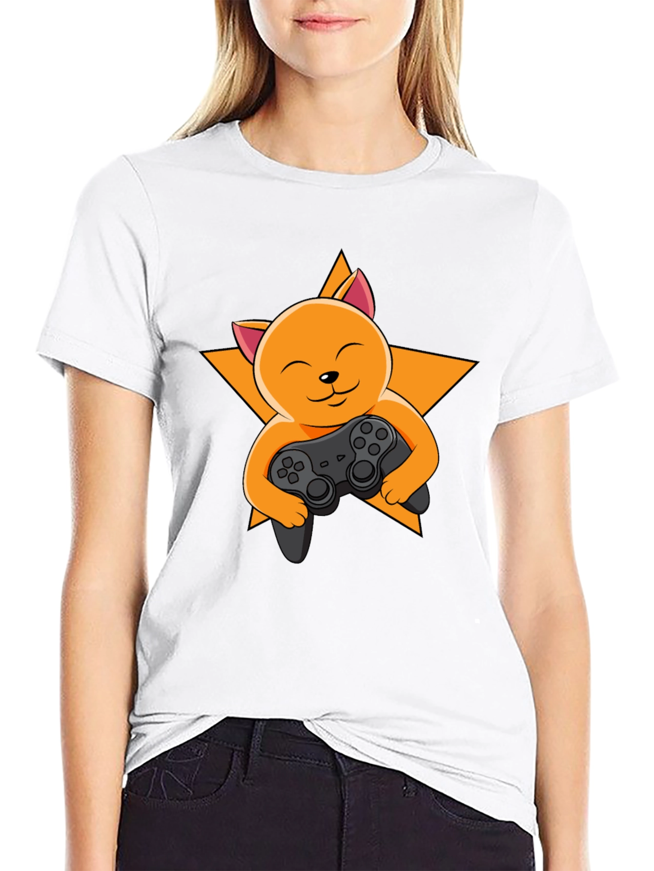 Black Gamer Cat T-Shirt - Black Cotton Tee view 9