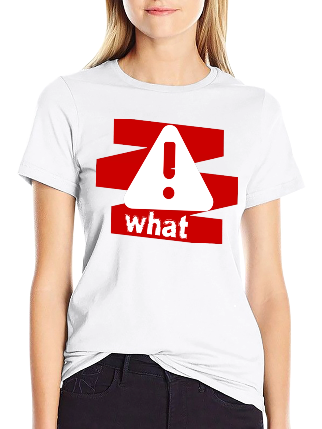 Black What? Graphic Tee - Red and White Warning Design on Black Cotton Shirt view 9