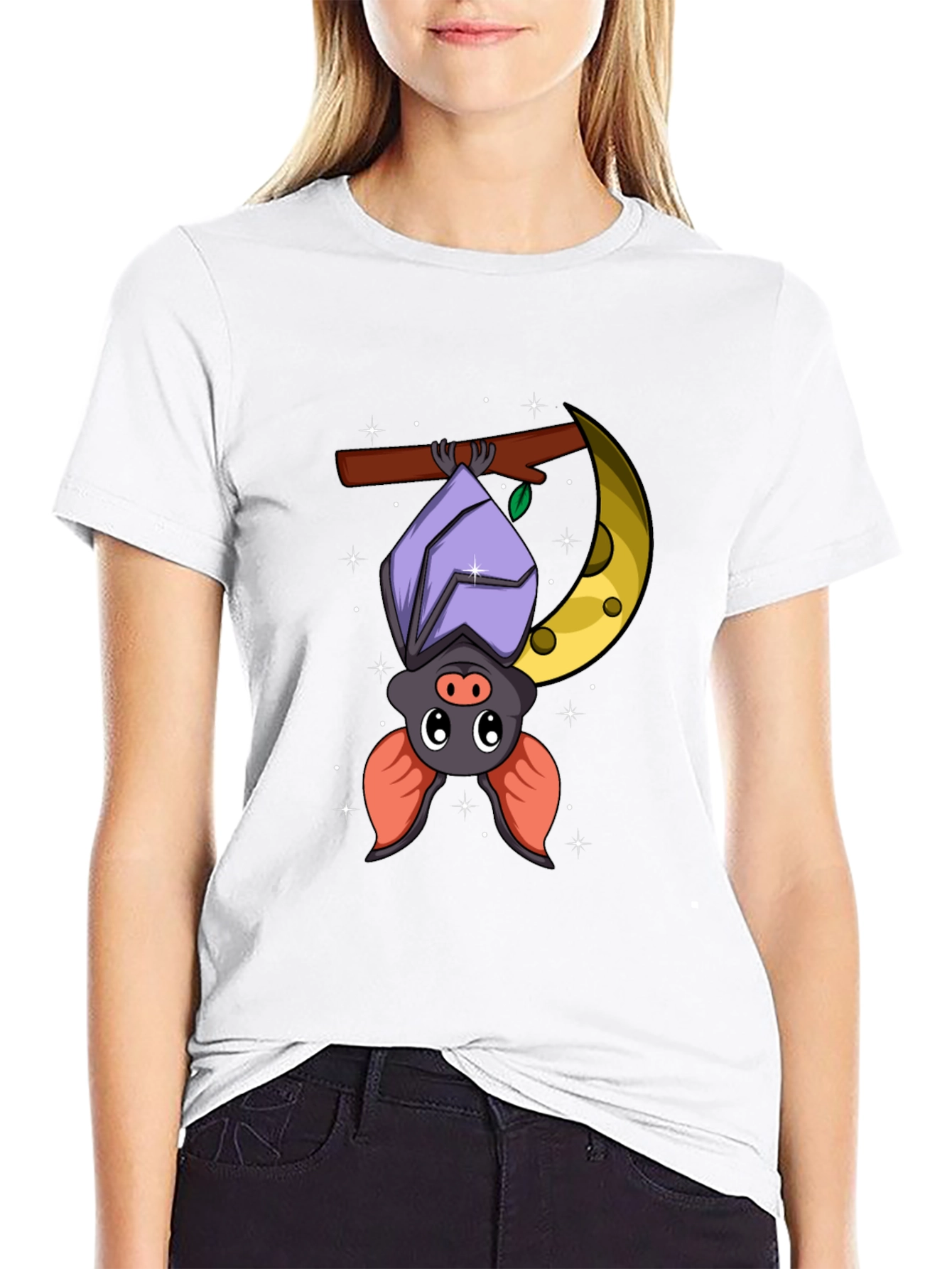 Black Cute Bat on Moon Graphic Tee - Black Cotton T-Shirt view 9
