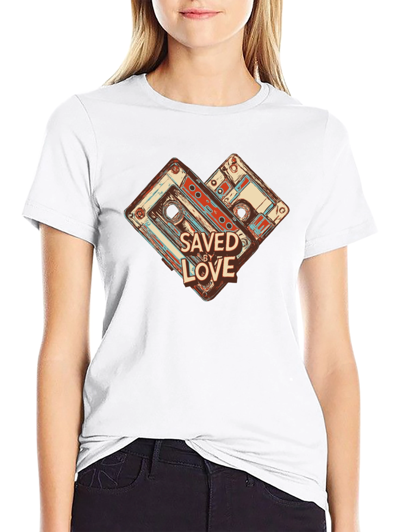Black Retro Cassette Tape Saved By Love Graphic Tee view 9
