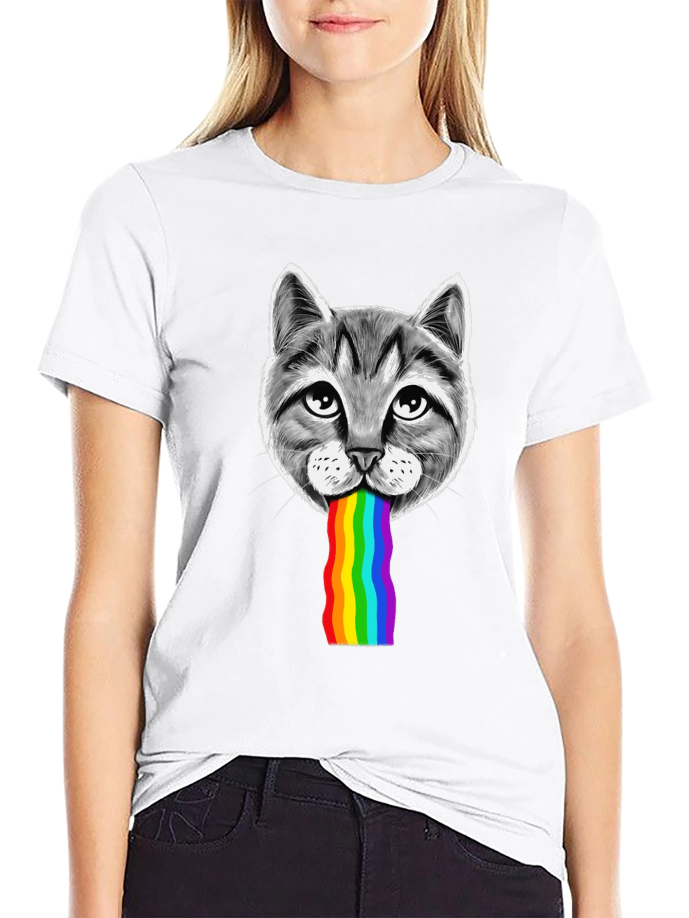Black Cat Rainbow Puke Graphic T-Shirt view 9