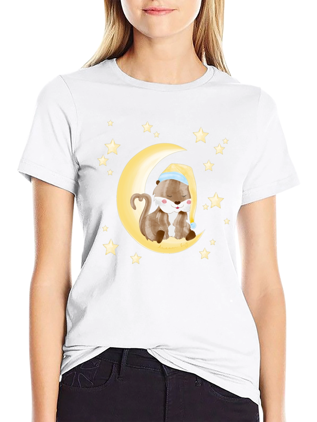 Black Otter Sleeping on Moon Graphic Tee - Black Cotton view 9