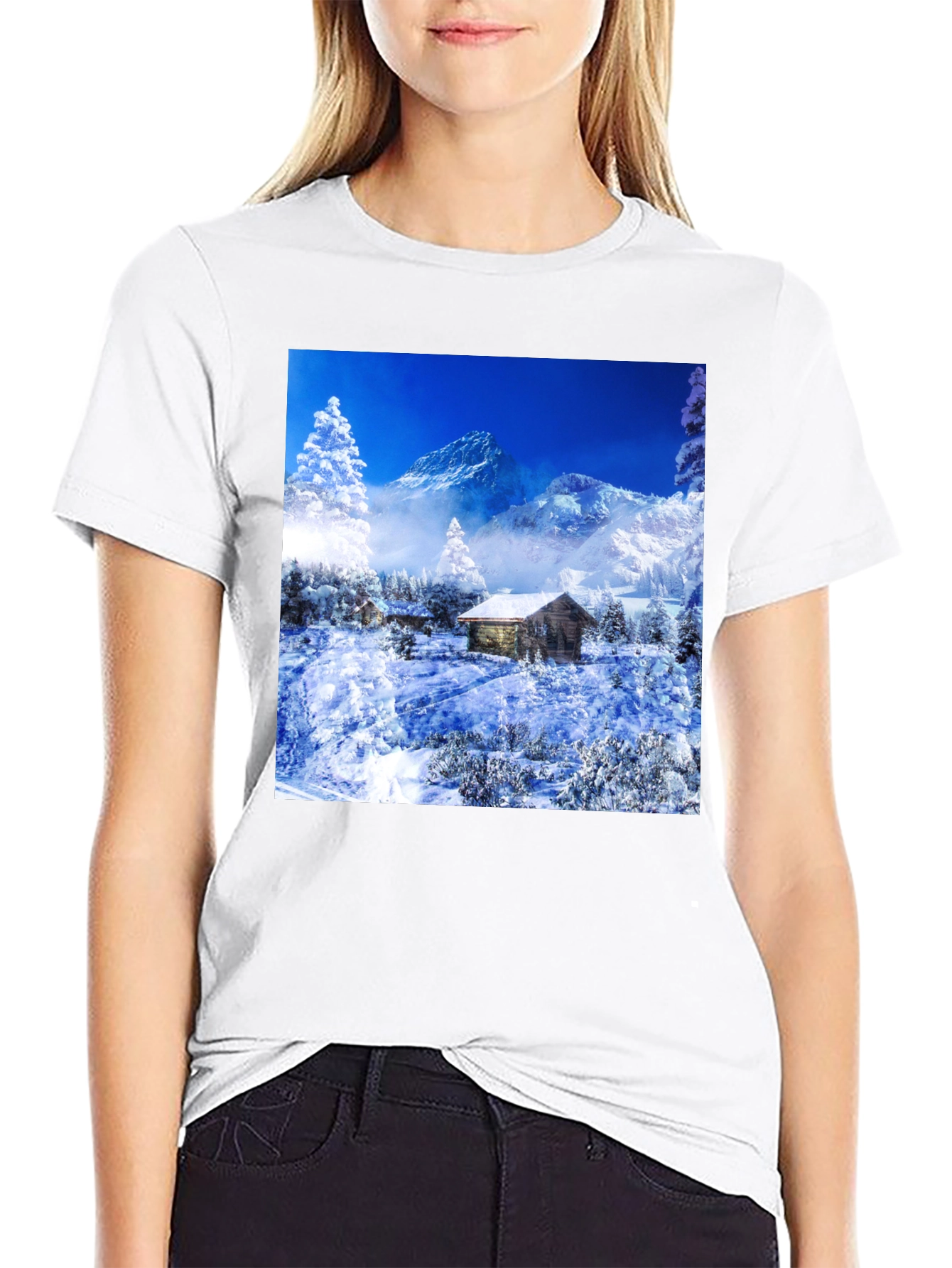 Black Winter Cabin T-Shirt: Mountain Scenery Tee view 9