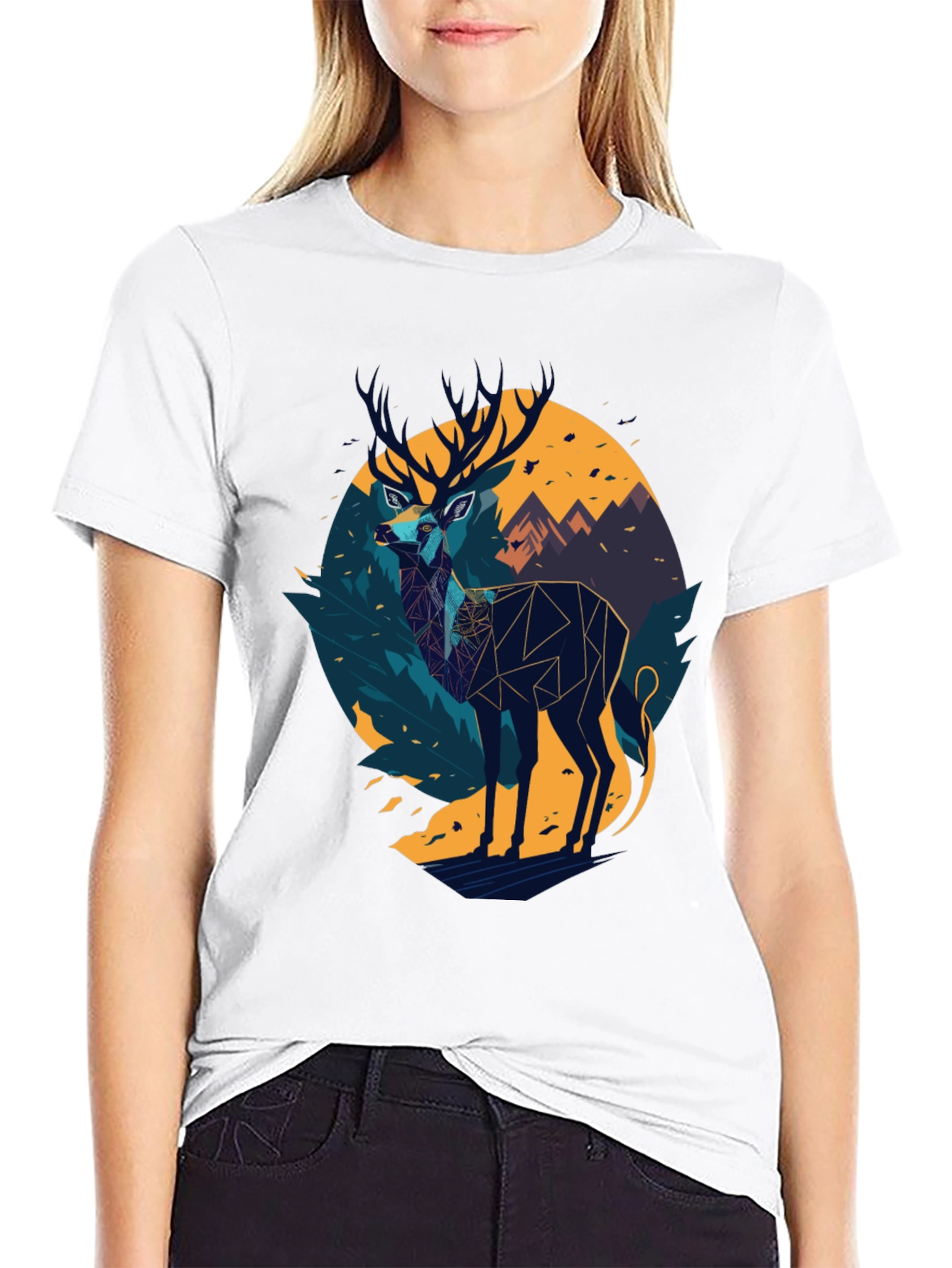 Black Geometric Deer Graphic Black T-Shirt view 9