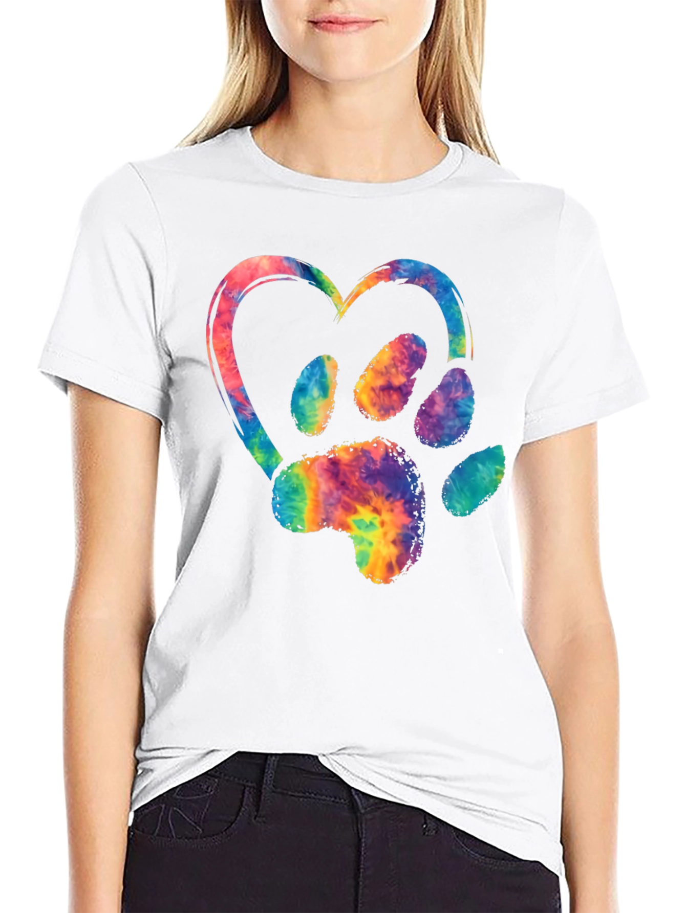 Black Tie-Dye Paw Print Heart Graphic Tee view 9