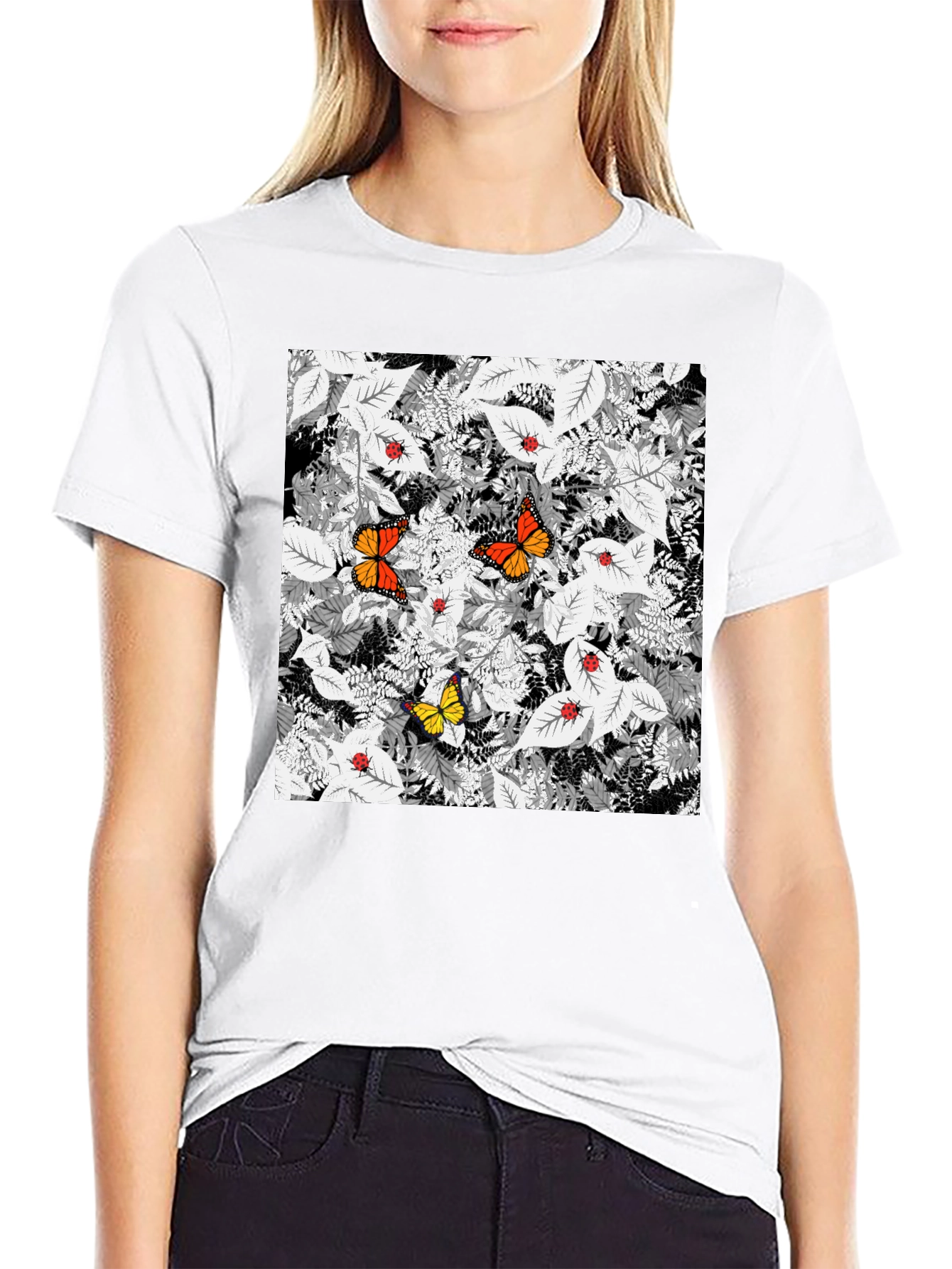Black Butterfly & Ladybug Graphic Print Black T-Shirt view 9