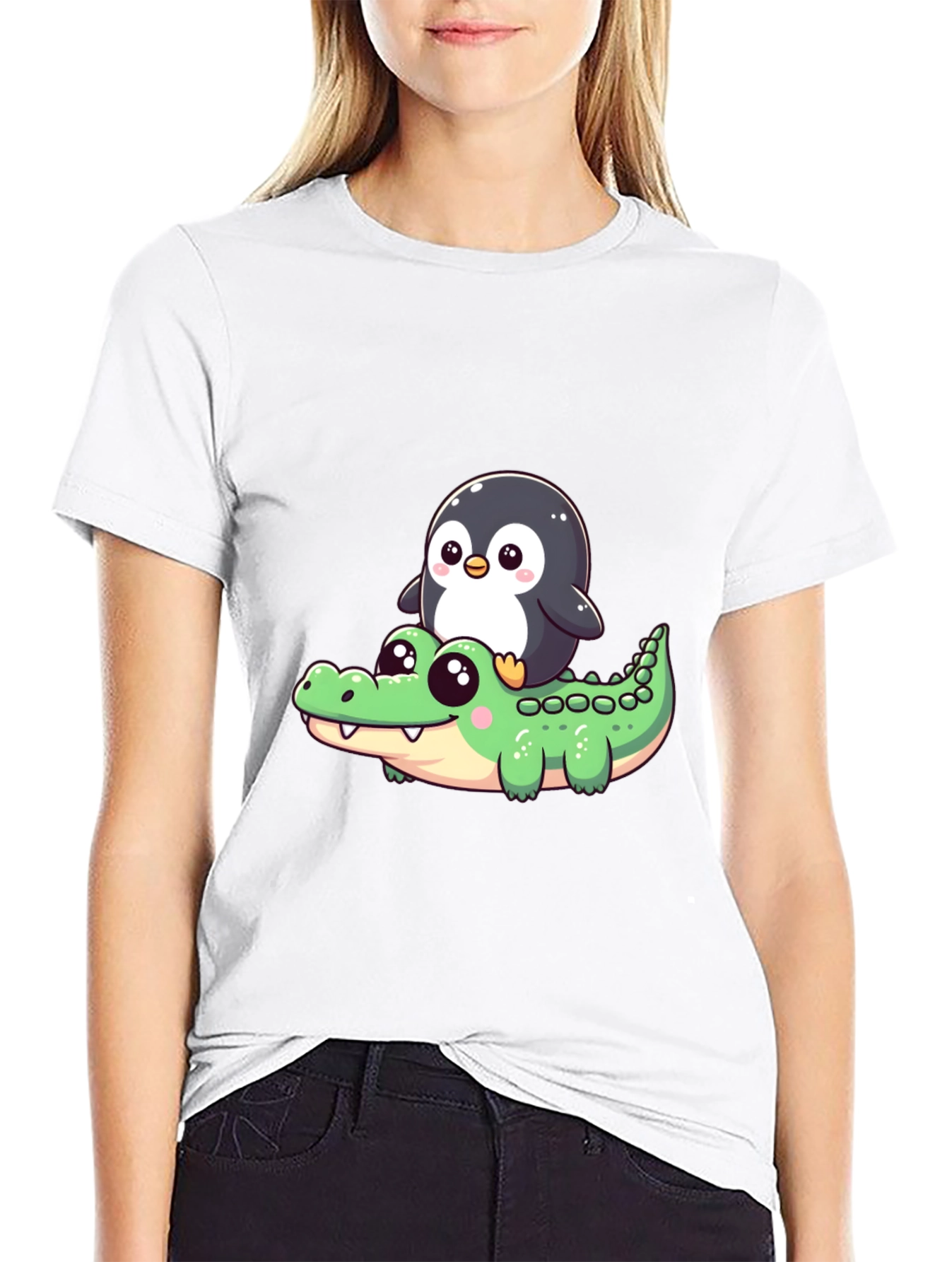 Black Cute Penguin Riding Alligator Graphic Tee - Black view 9