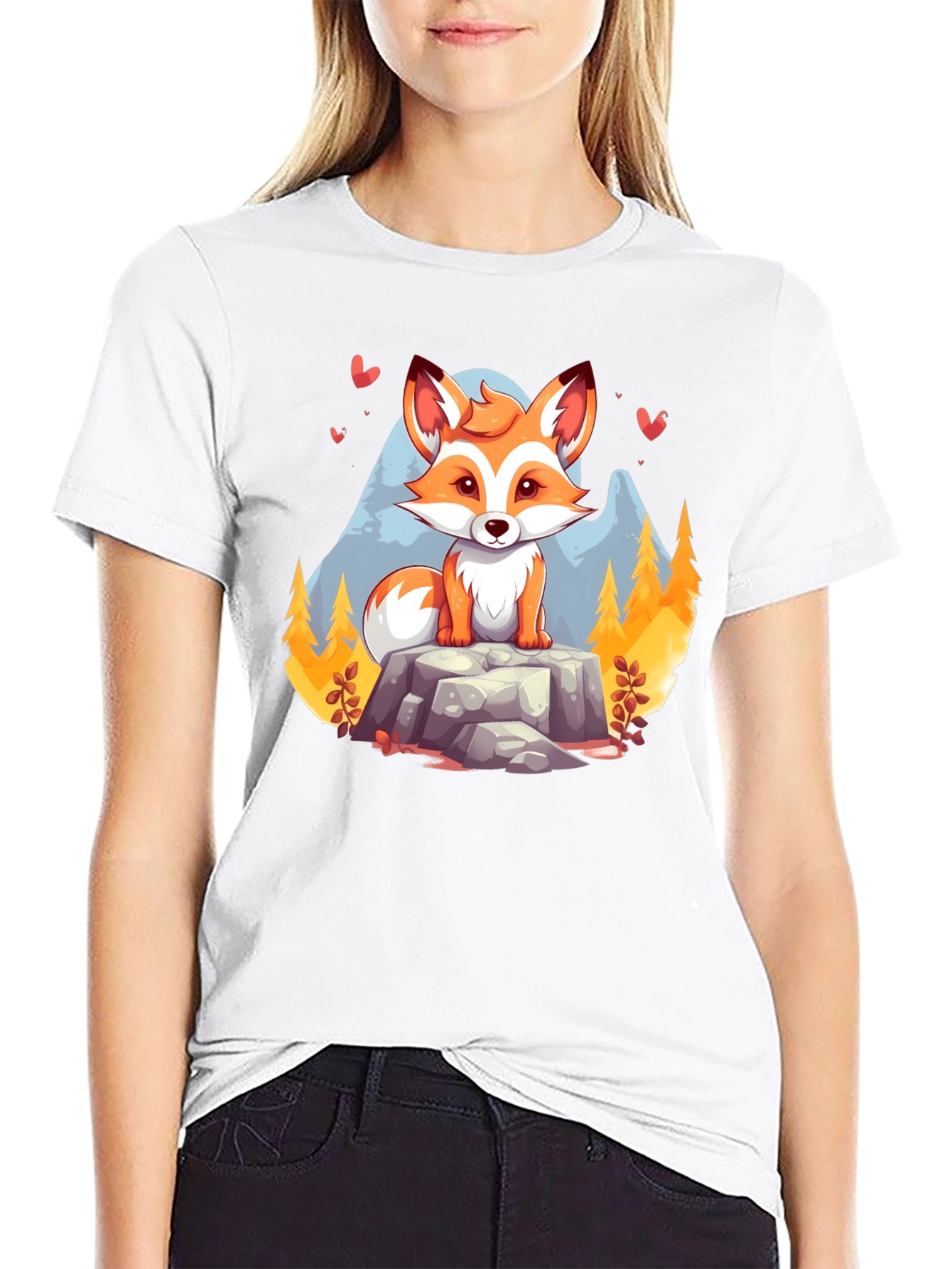 Black Cute Cartoon Fox on Rock Graphic Tee - Unisex Black T-Shirt view 9