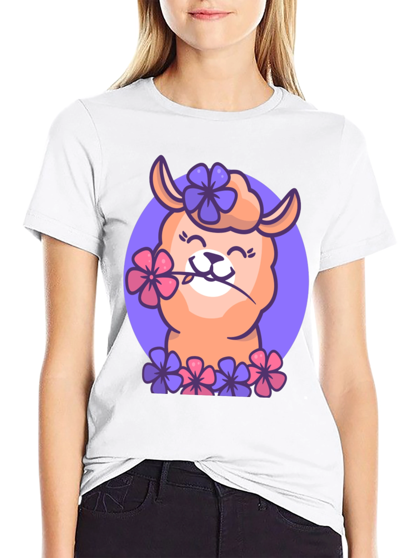 Black Llama Flower Power T-Shirt - Cute Cartoon Design view 9