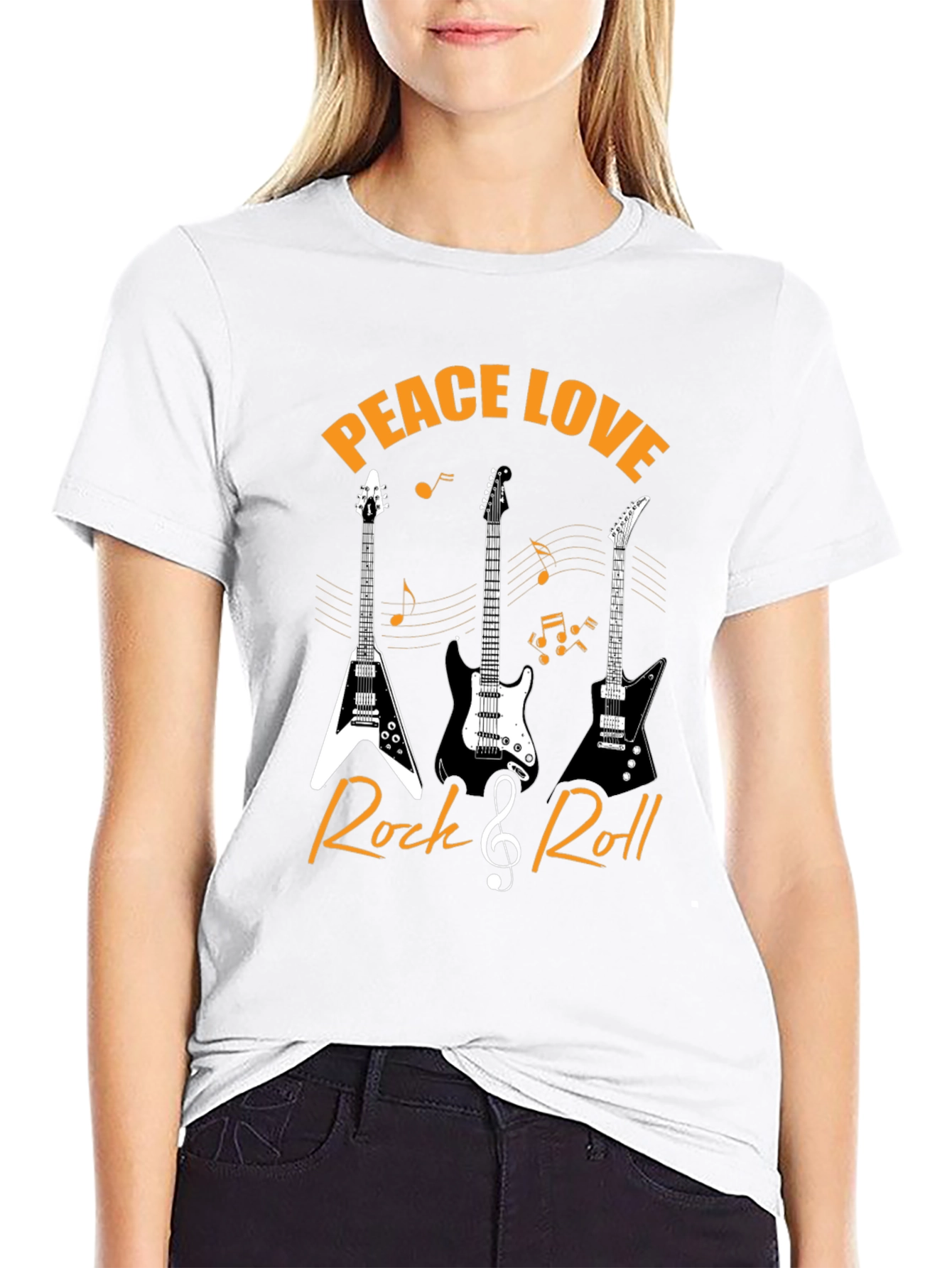 Black Peace Love Rock & Roll Guitar T-Shirt view 9