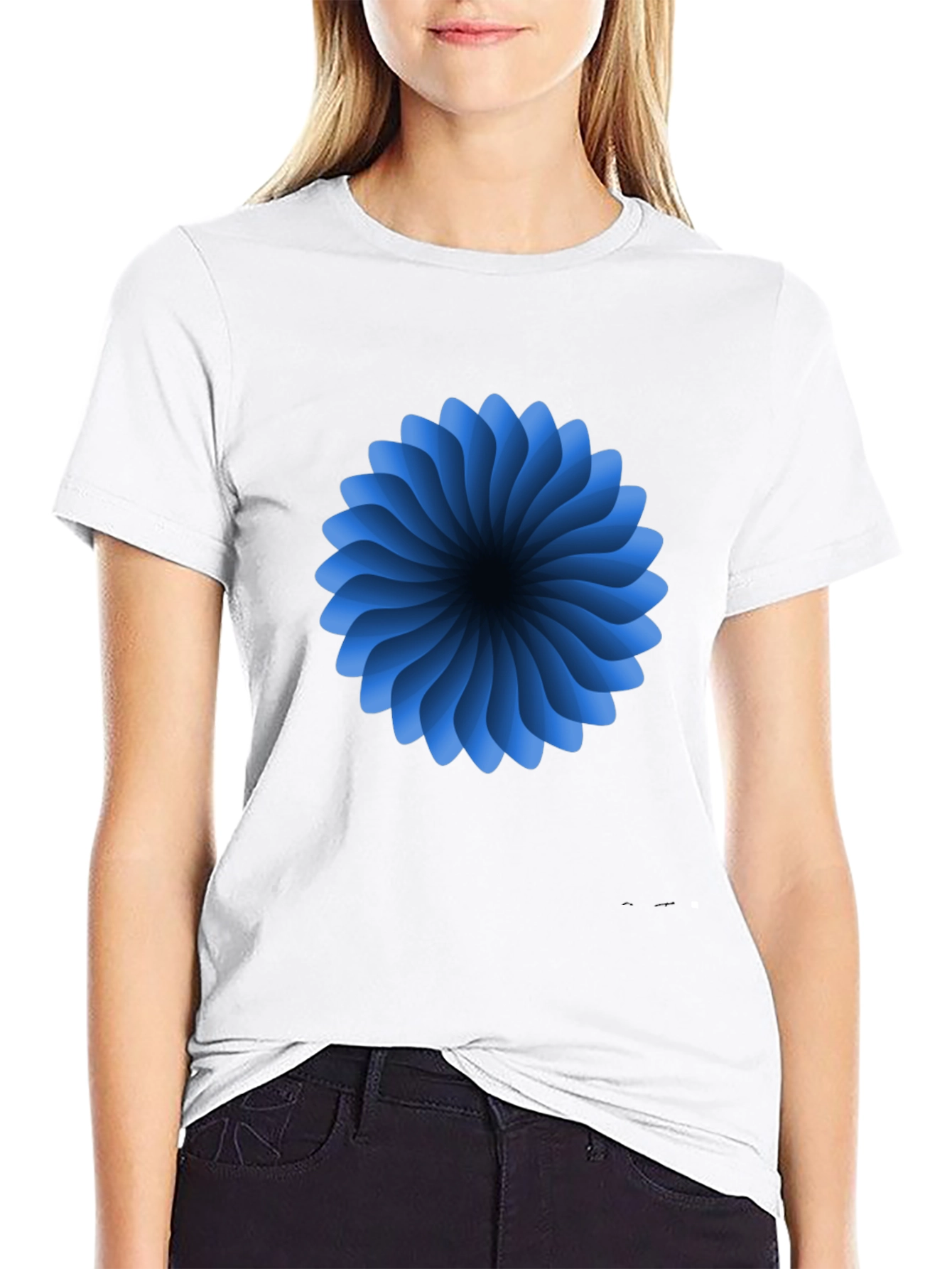 Black Abstract Blue Flower Graphic Black T-Shirt view 9