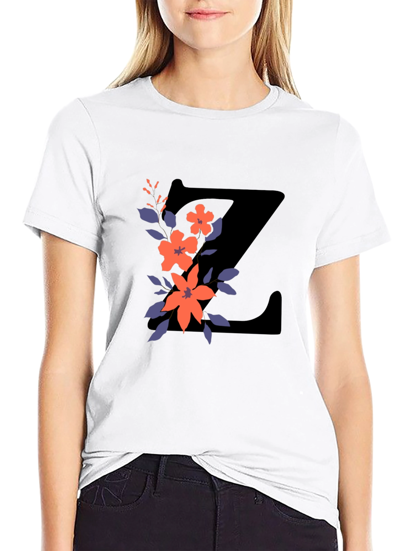 Black Floral Letter Z Black T-Shirt view 9