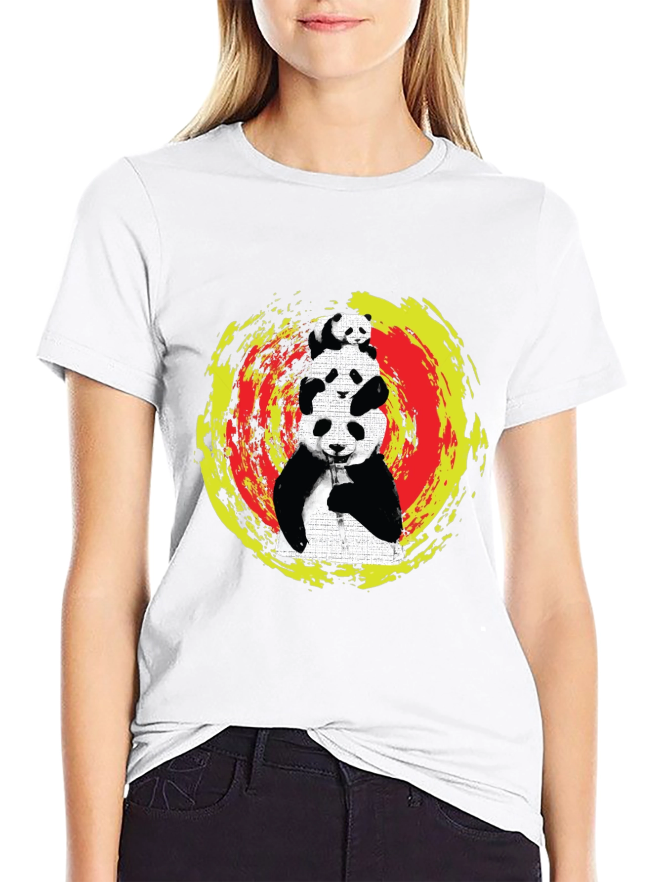 Black Stacked Panda Graphic Tee - Black Cotton Blend view 9
