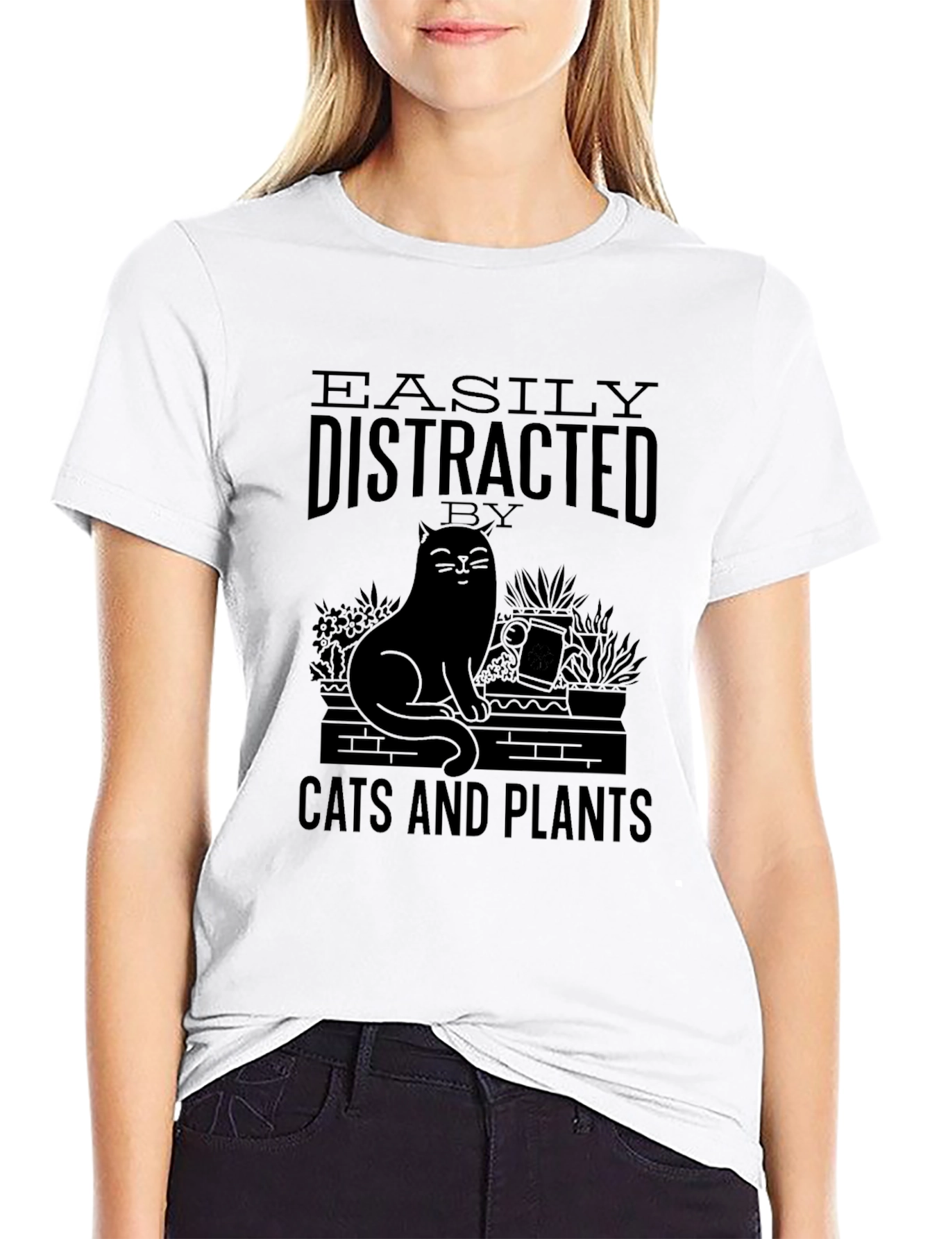 Black Easily Distracted by Cats and Plants Graphic T-Shirt view 9