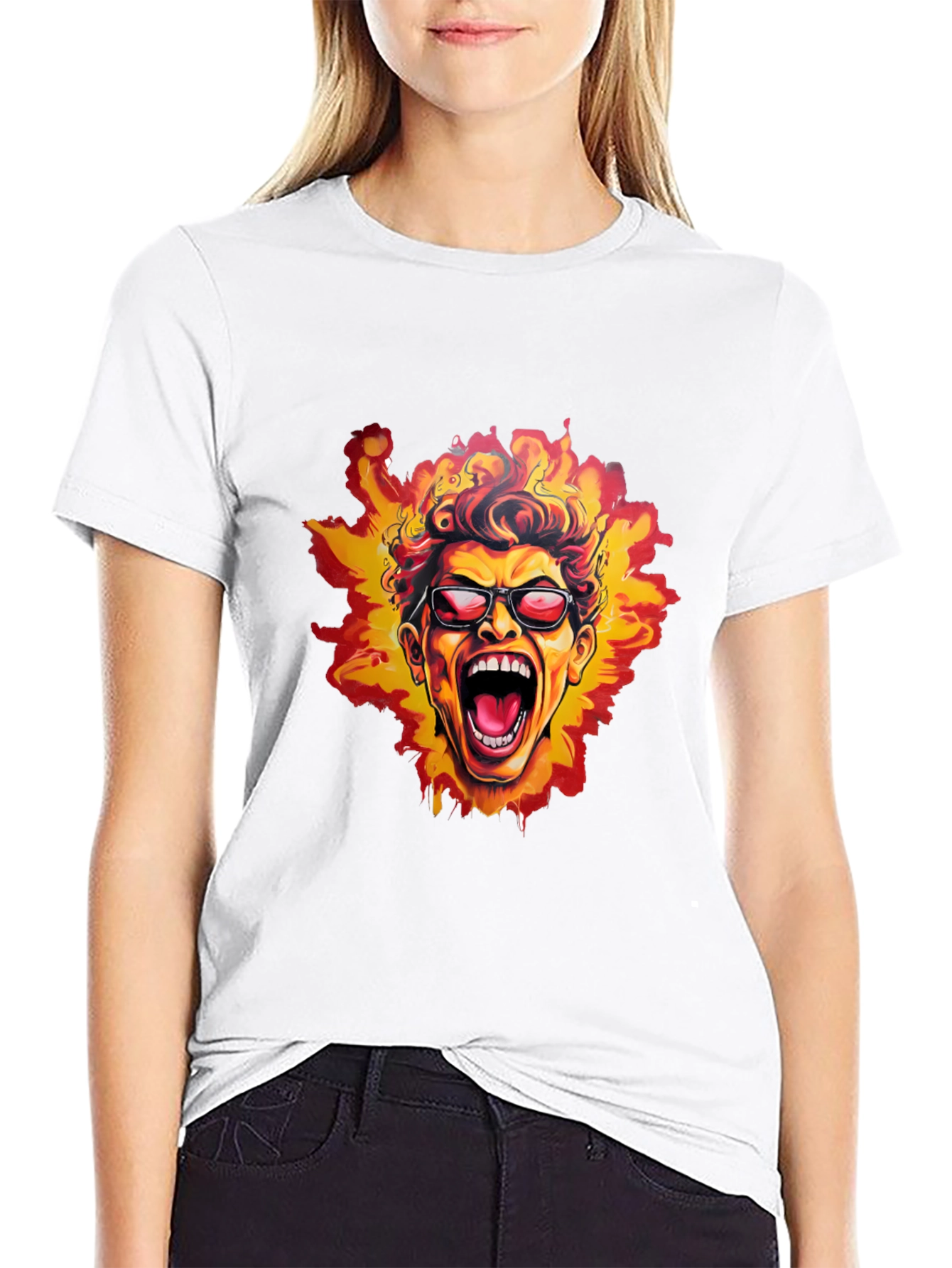 Black Fiery Screaming Face Graphic Black T-Shirt view 9