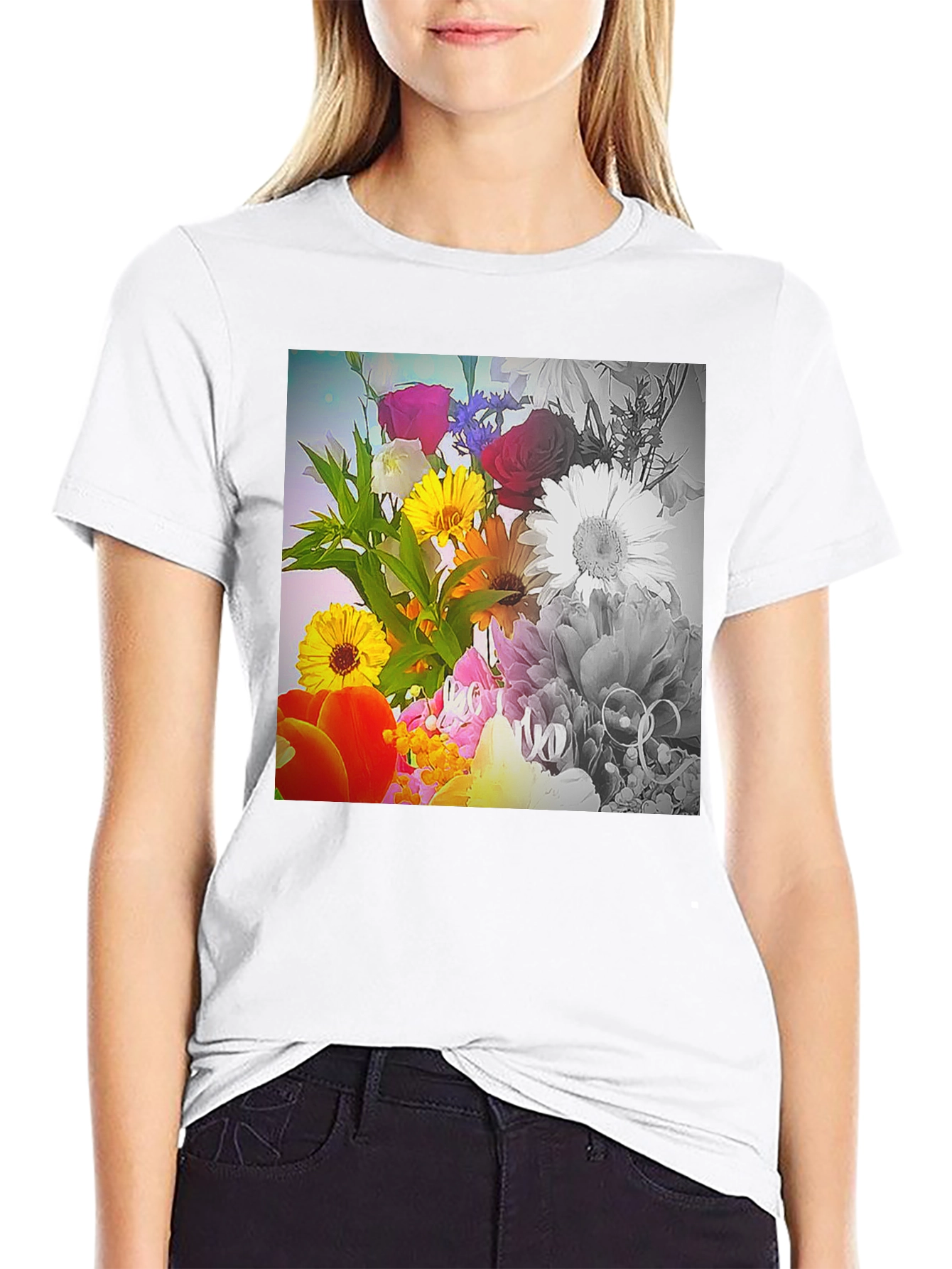 Black Floral Bouquet Graphic T-Shirt - Vivid Print Tee view 9