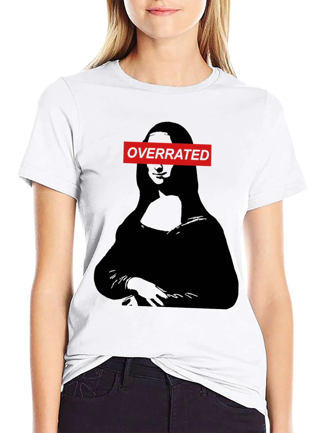 Black Overrated Mona Lisa Graphic Tee - Unique Humor T-Shirt view 9