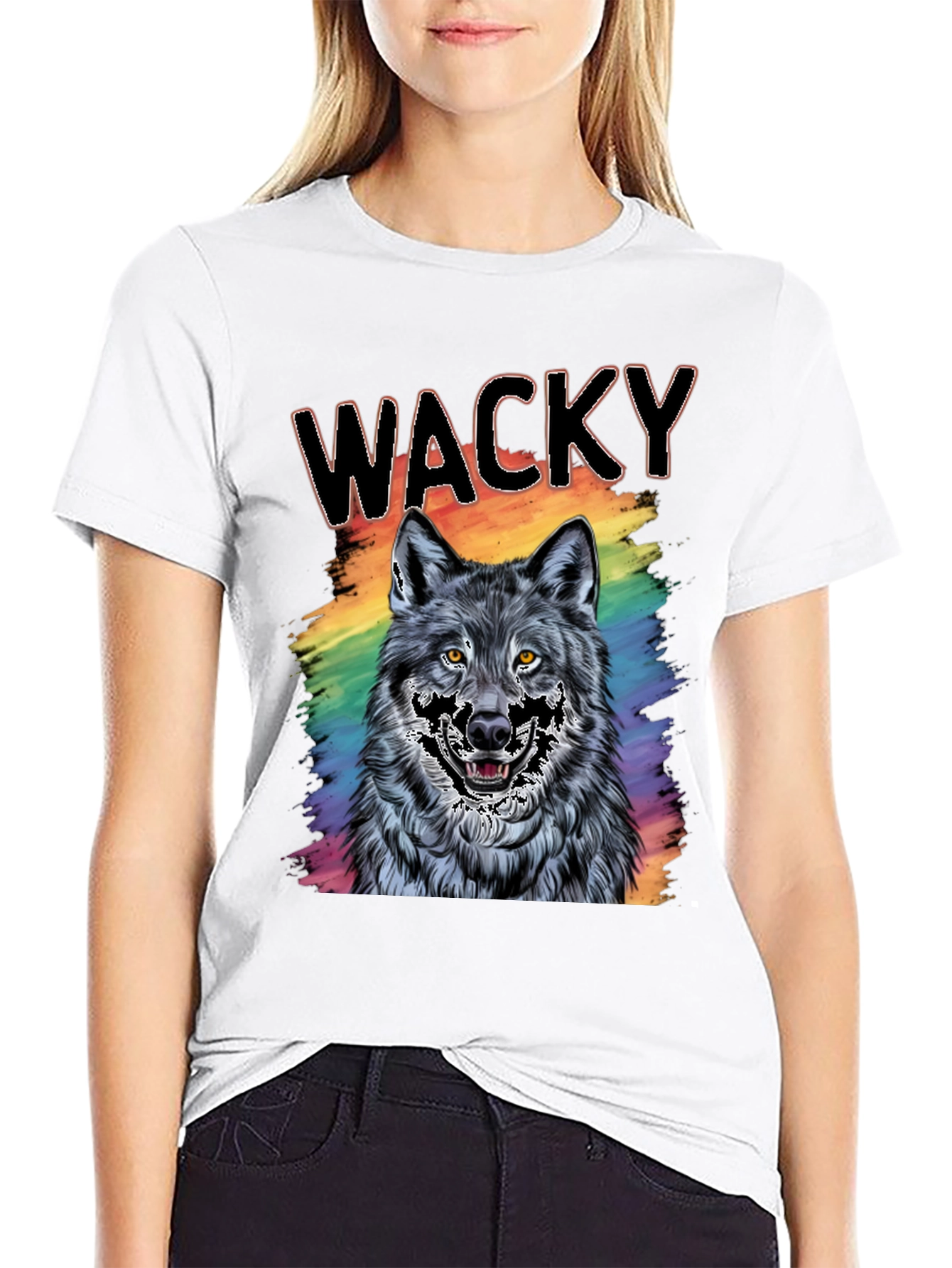 Black Wacky Wolf Graphic Tee - Colorful Animal T-Shirt view 9
