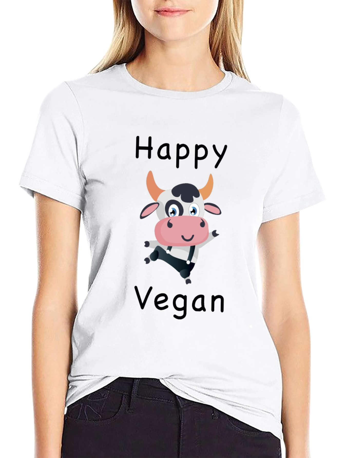 Black Happy Vegan Cartoon Cow Black T-Shirt view 9