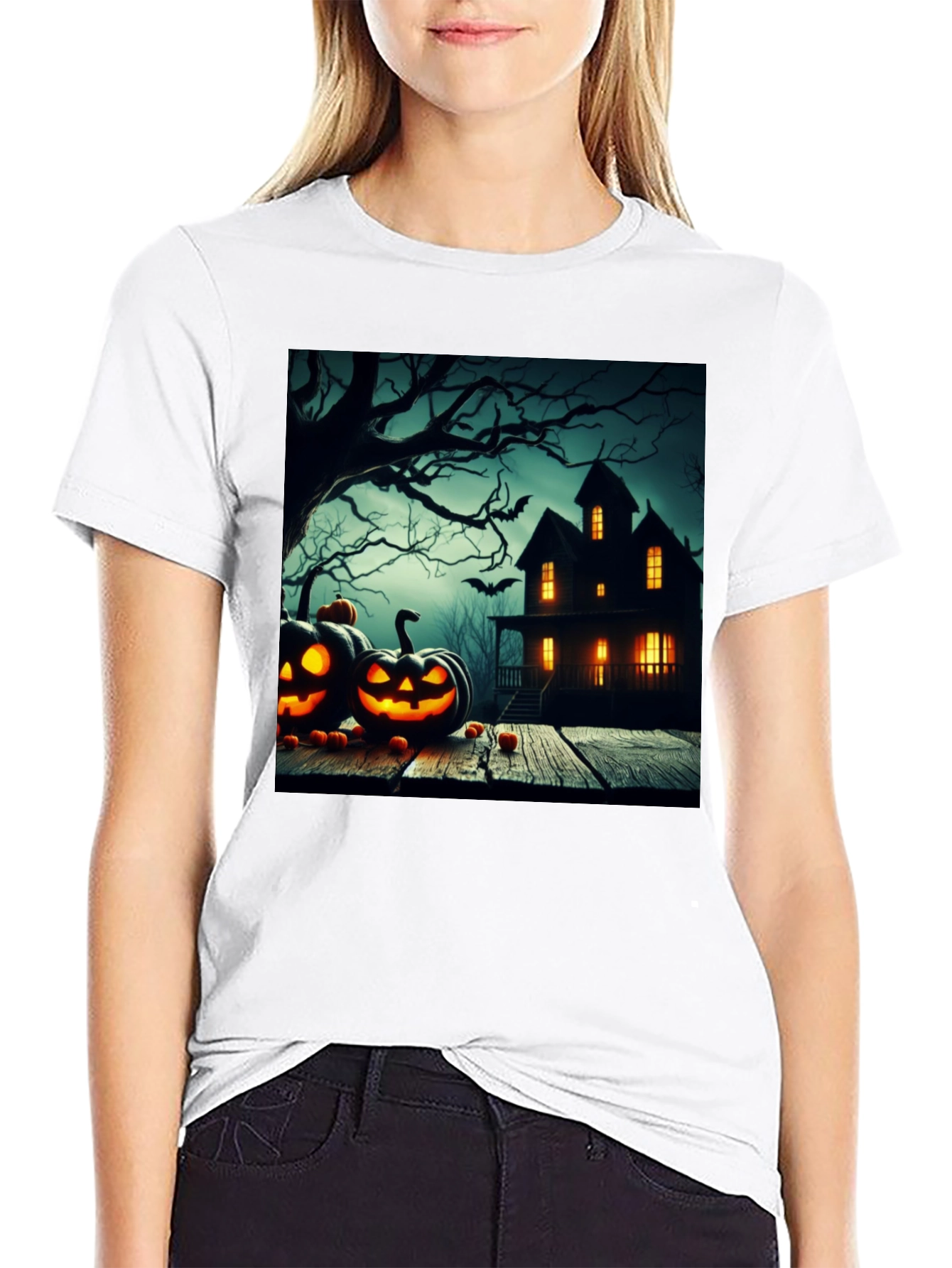 Black Halloween Haunted House T-Shirt view 9