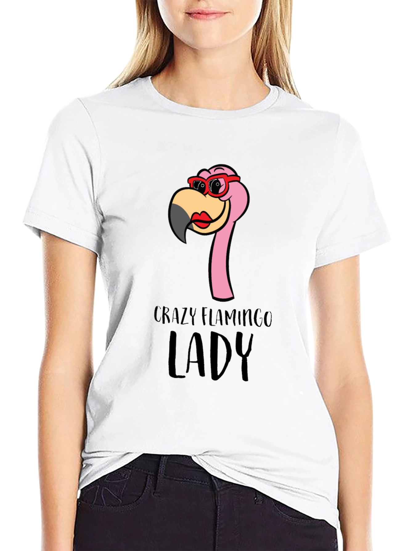 Black Crazy Flamingo Lady T-Shirt - Fun Novelty Tee view 9