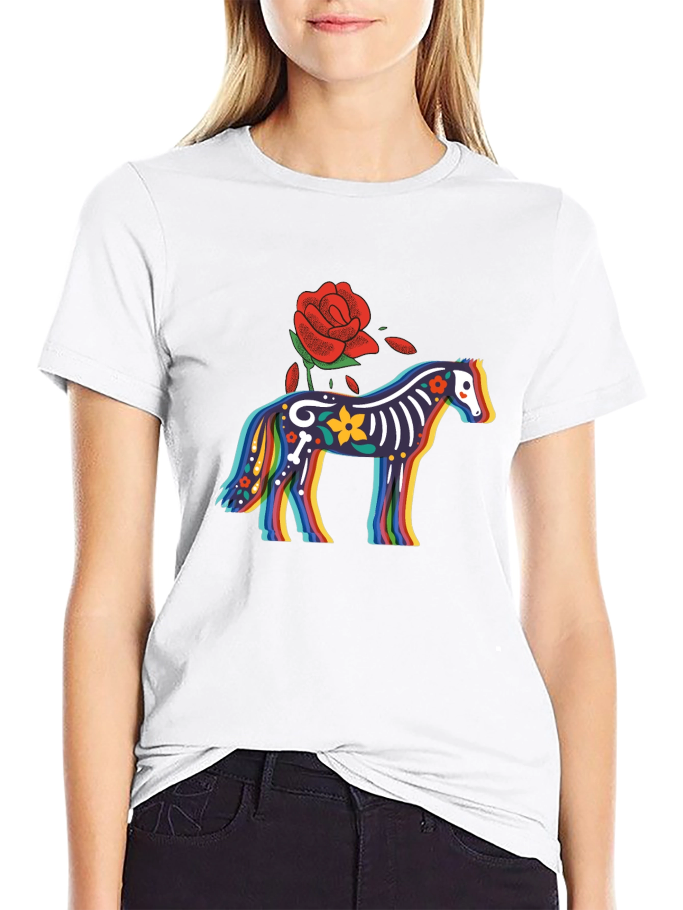 Black Colorful Calavera Horse Graphic Tee view 9