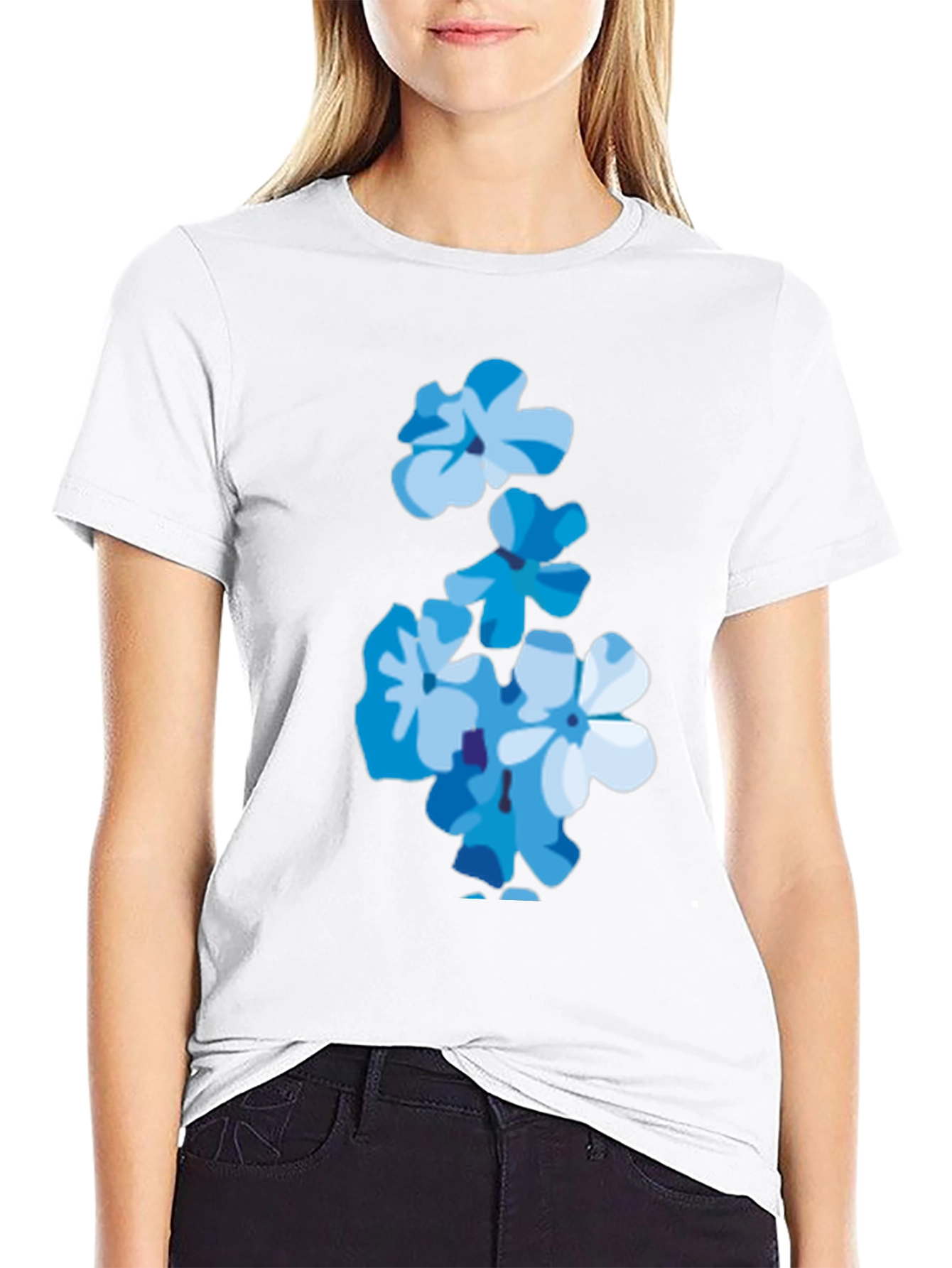 Black Floral Print Tee - Trendy Blue Flower T-Shirt view 9