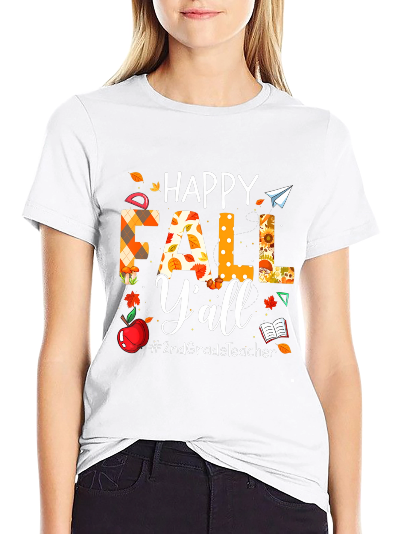 Black Happy Fall Y'all Teacher T-Shirt view 9