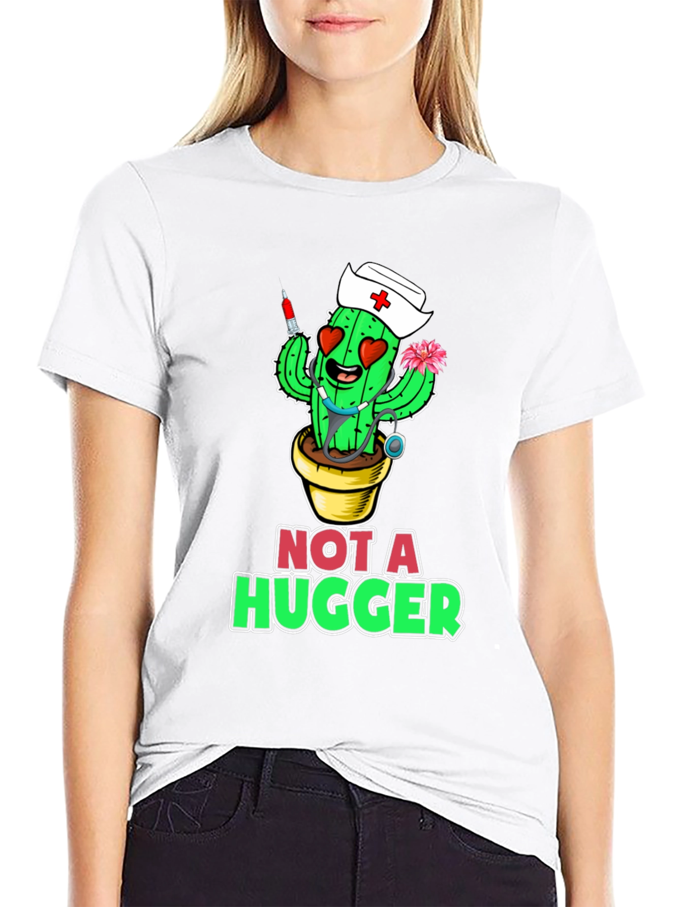 Black Not A Hugger Cactus Nurse T-Shirt view 9